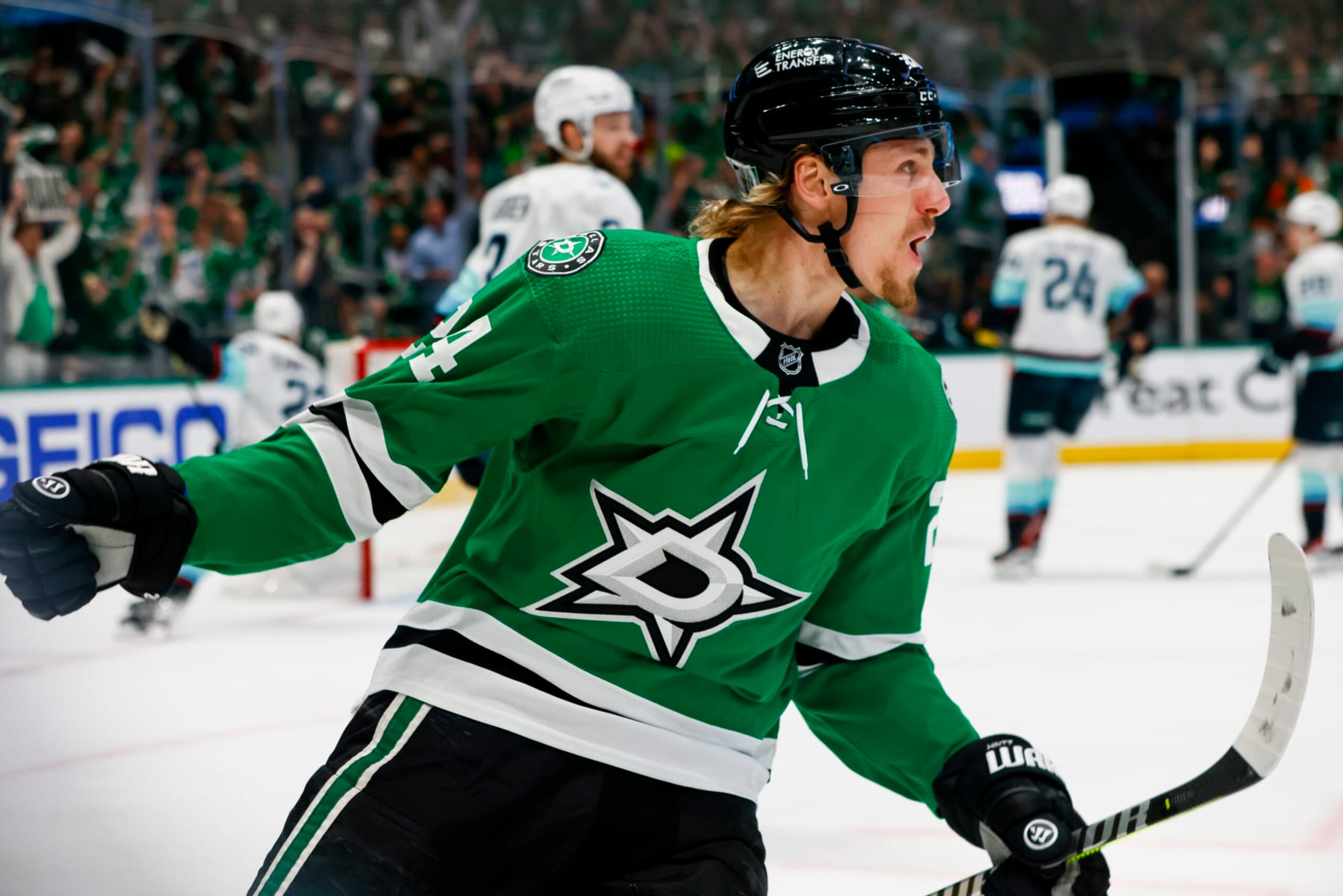 DALLAS, TX - MAY 11: Dallas Stars center Roope Hintz (24) celebrates scoring a goal during the Western Conference Second Round game 5 between the Dallas Stars and the Seattle Kraken on May 11, 2023 at American Airlines Center in Dallas, Texas. (Photo by Matthew Pearce/Icon Sportswire via Getty Images)