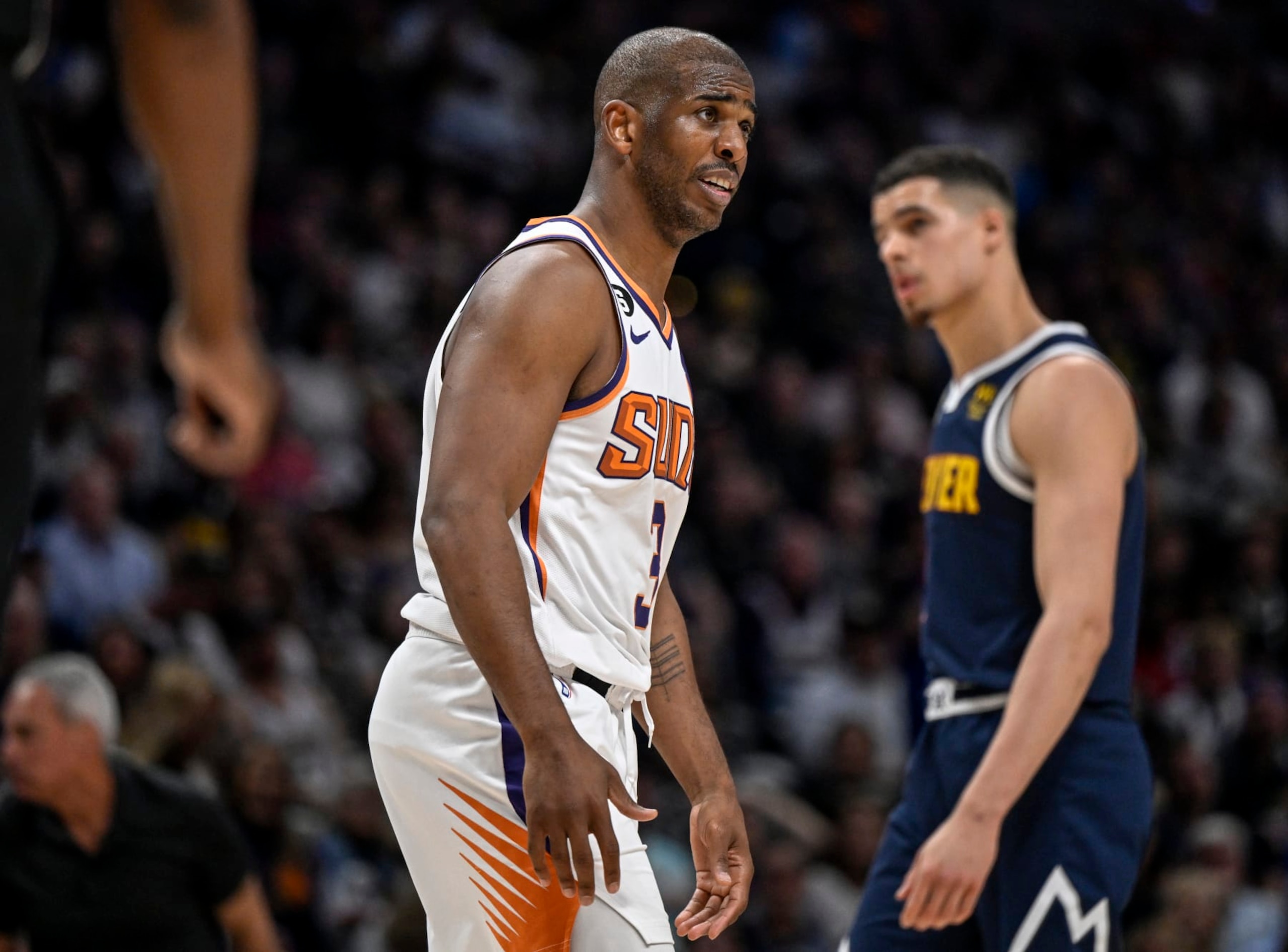 DENVER, CO - MAY 1: Chris Paul (3) of the Phoenix Suns shows signs of frustration during the third quarter agains the Denver Nuggets at Ball Arena in Denver on Monday, May 1, 2023. (Photo by AAron Ontiveroz/MediaNews Group/The Denver Post via Getty Images)