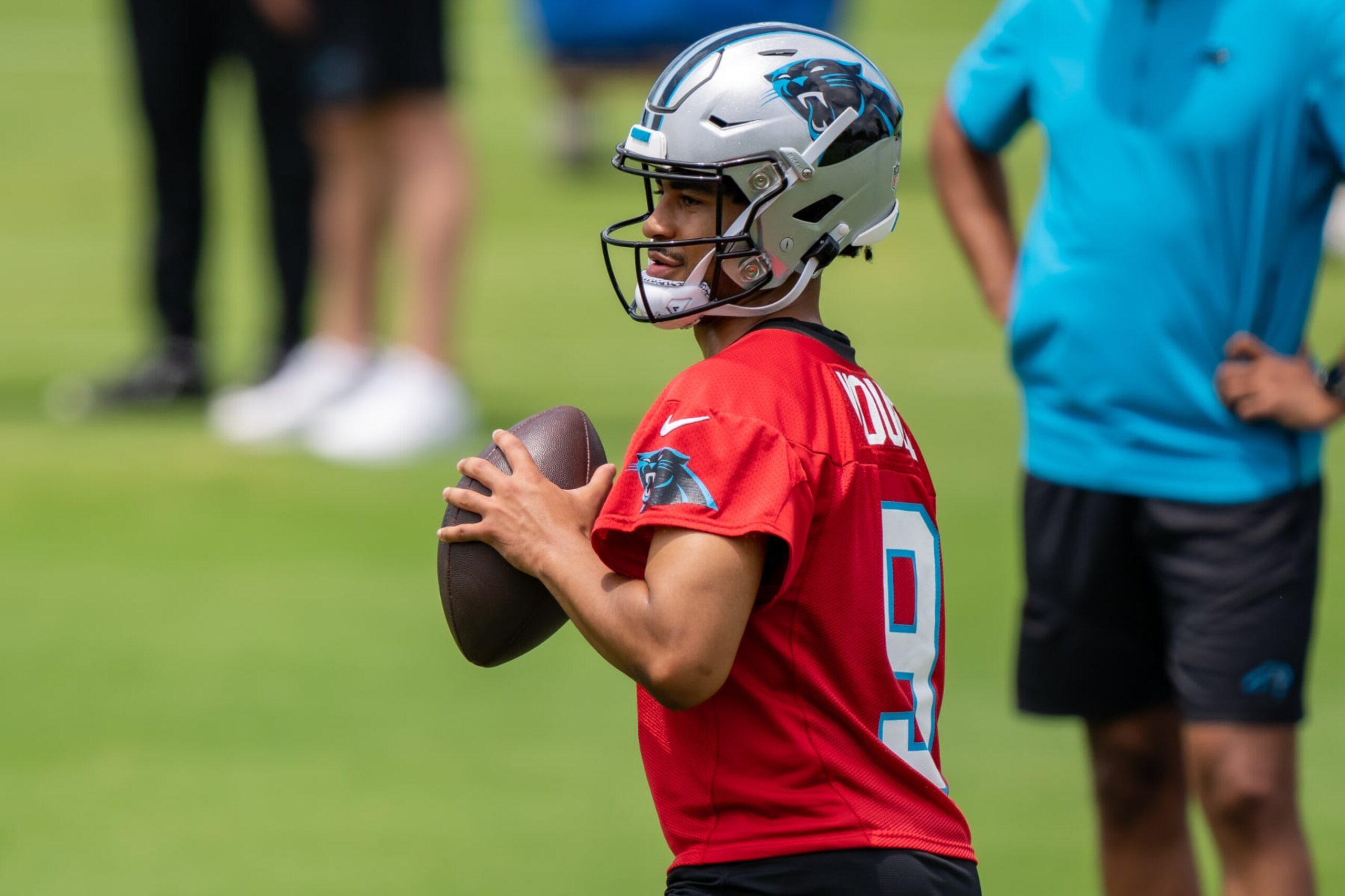 CHARLOTTE, NORTH CAROLINA - MAY 13: Bryce Young #9 of the Carolina Panthers works through a drill during practice at Bank of America Stadium on May 13, 2023 in Charlotte, North Carolina. (Photo by Jacob Kupferman/Getty Images)
