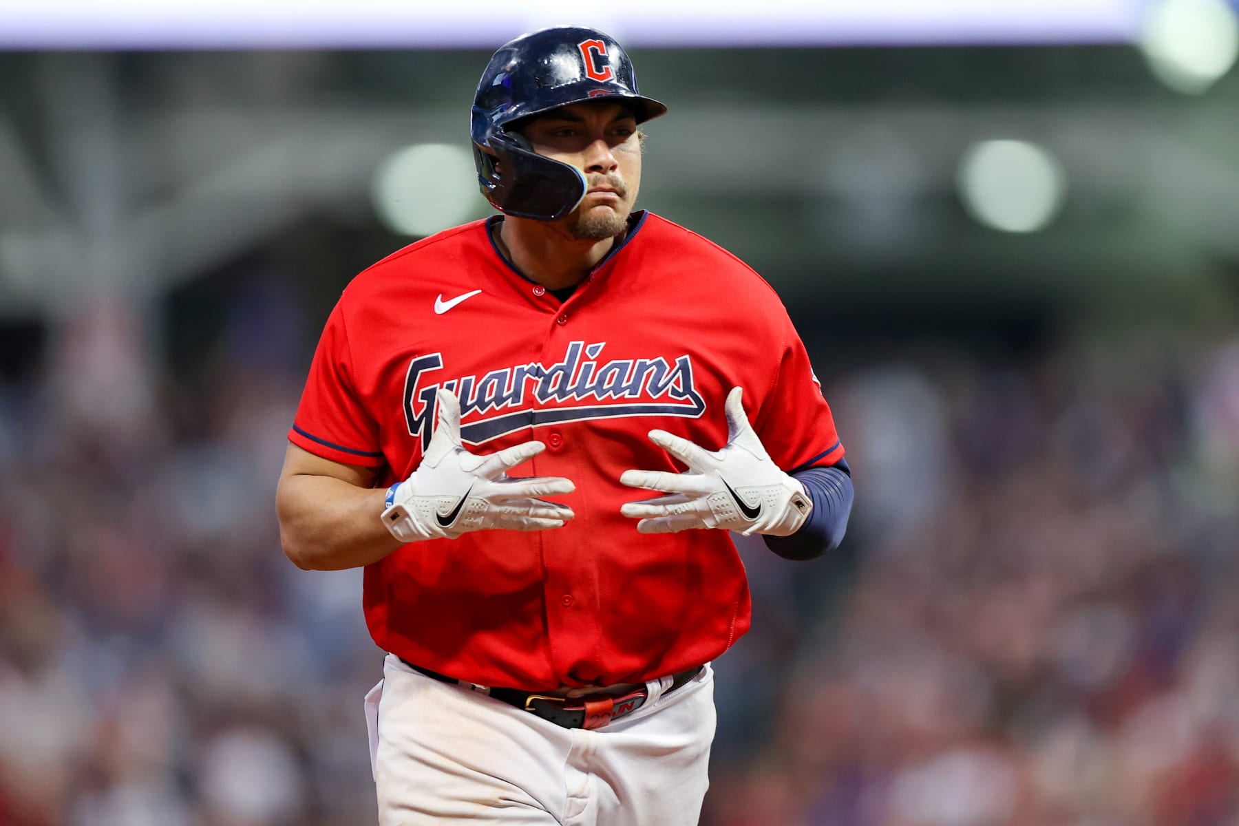 CLEVELAND, OH - MAY 13: Cleveland Guardians first baseman Josh Naylor (22) rounds the bases after hitting a 3-run home run during the eighth inning of the Major League Baseball game between the Los Angeles Angels and Cleveland Guardians on May 13, 2023, at Progressive Field in Cleveland, OH. (Photo by Frank Jansky/Icon Sportswire via Getty Images)