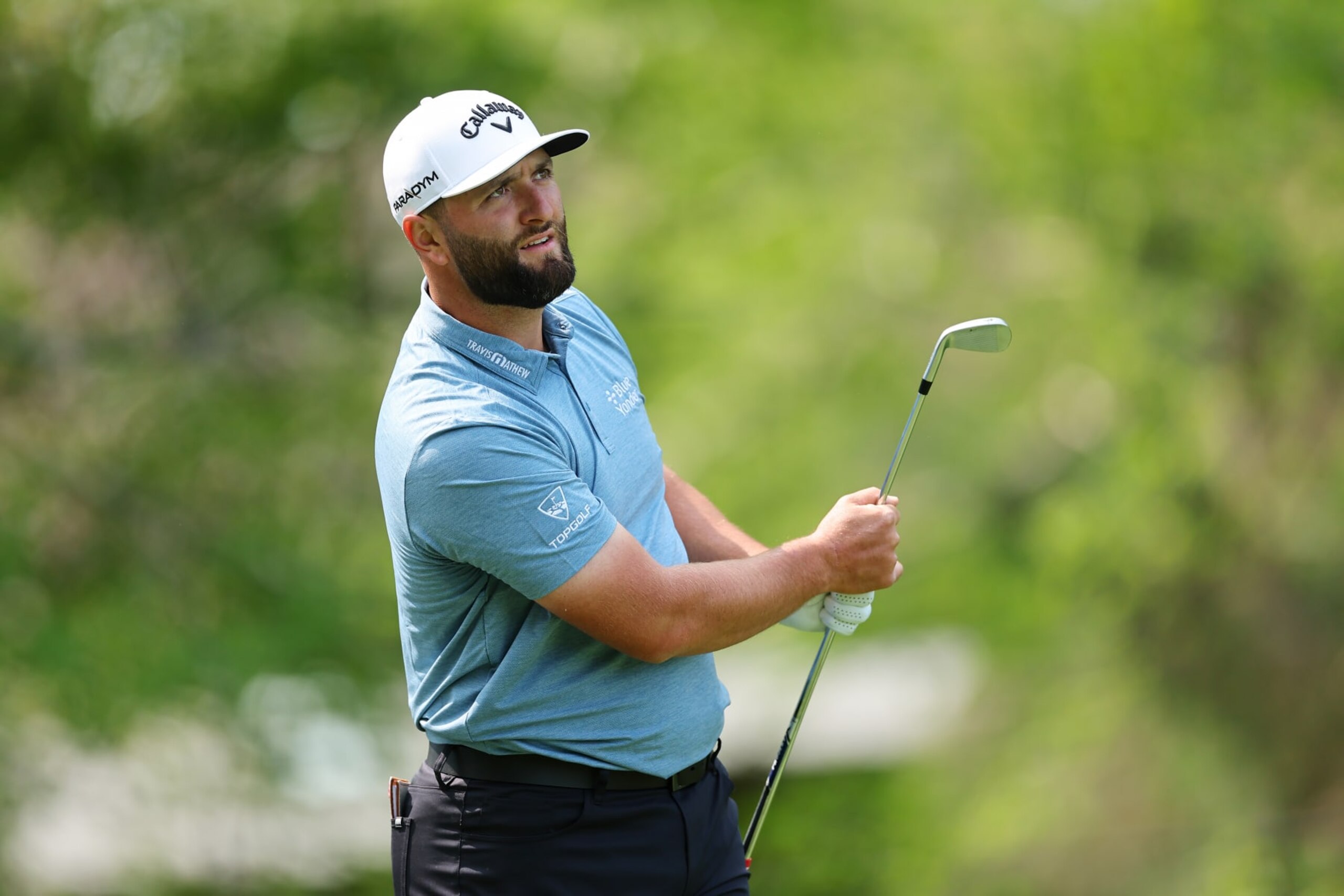 ROCHESTER, NEW YORK - MAY 15: Jon Rahm of Spain watches his shot on the third hole during a practice round prior to the 2023 PGA Championship at Oak Hill Country Club on May 15, 2023 in Rochester, New York. (Photo by Michael Reaves/Getty Images)