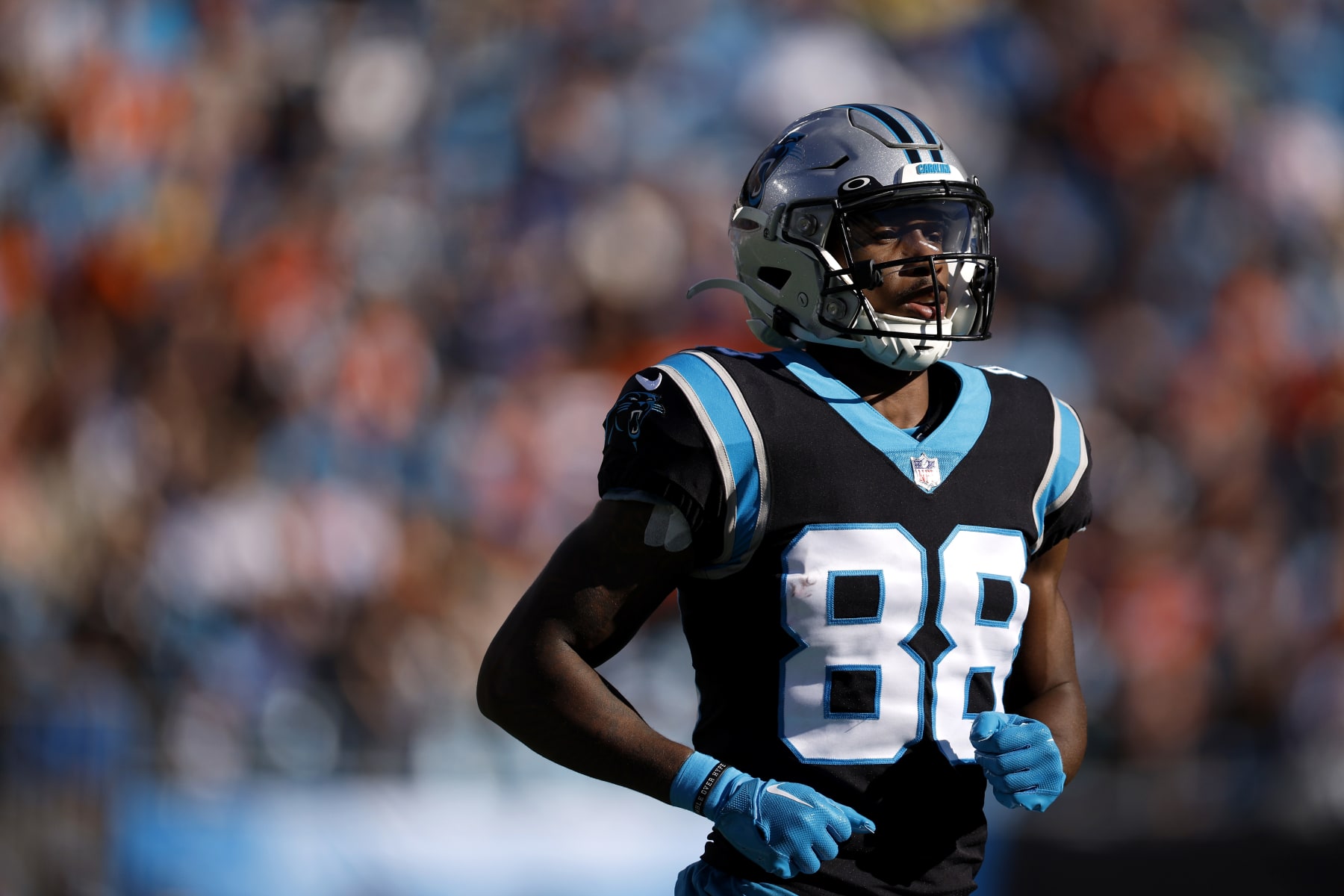 CHARLOTTE, NORTH CAROLINA - NOVEMBER 27: Terrace Marshall Jr. #88 of the Carolina Panthers runs from the field during the first half of the game against the Denver Broncos at Bank of America Stadium on November 27, 2022 in Charlotte, North Carolina. (Photo by Jared C. Tilton/Getty Images)