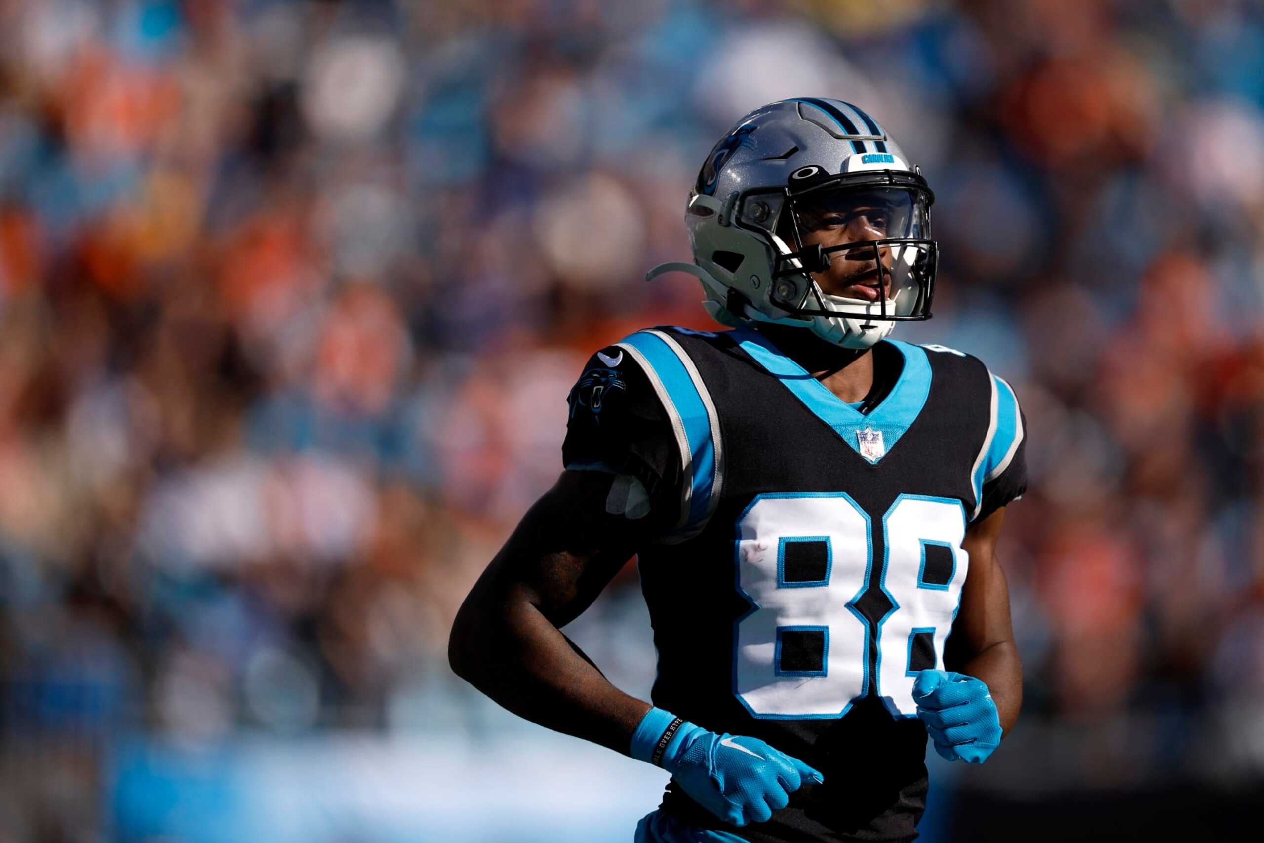 CHARLOTTE, NORTH CAROLINA - NOVEMBER 27: Terrace Marshall Jr. #88 of the Carolina Panthers runs from the field during the first half of the game against the Denver Broncos at Bank of America Stadium on November 27, 2022 in Charlotte, North Carolina. (Photo by Jared C. Tilton/Getty Images)