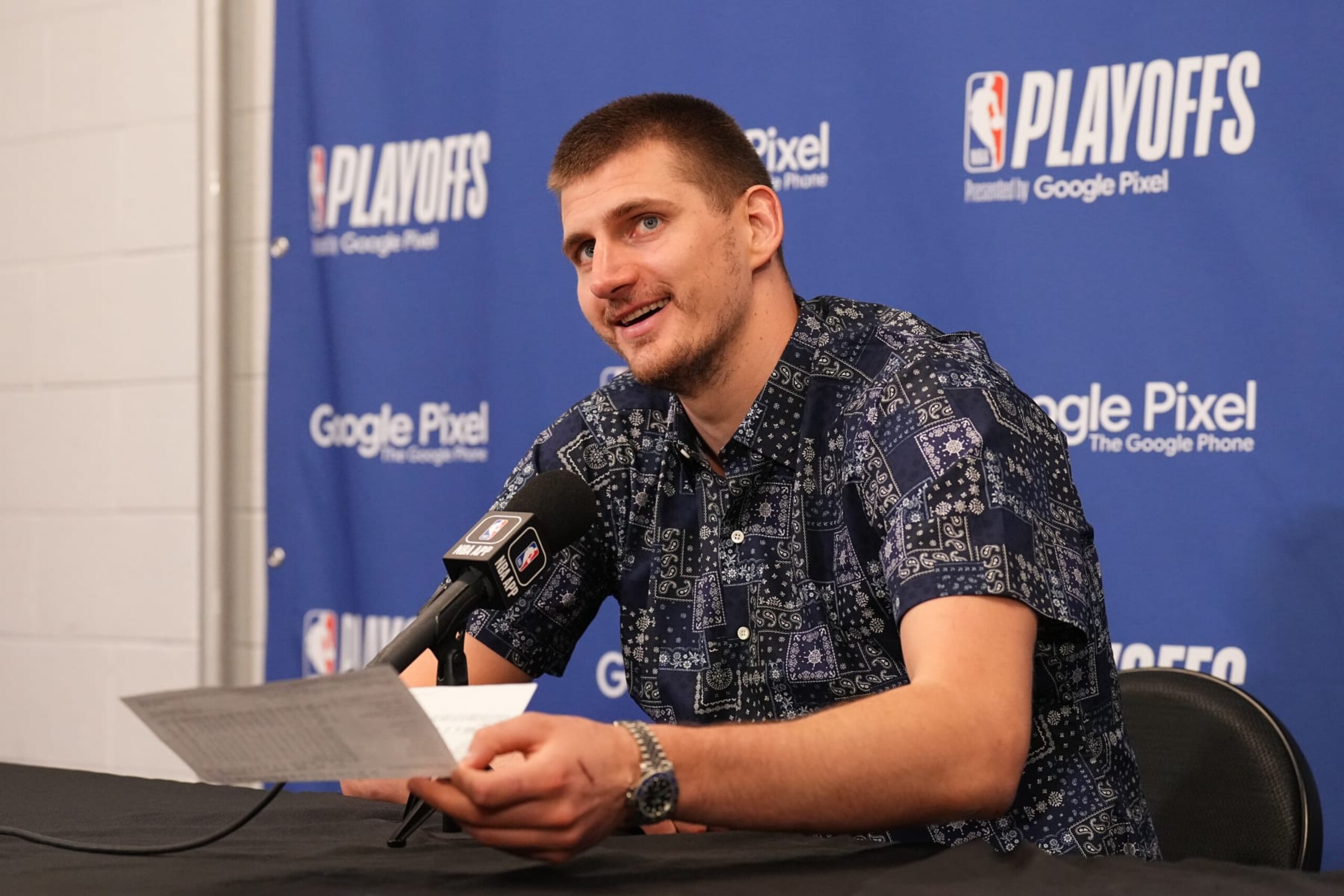 PHOENIX, AZ - MAY 11: Nikola Jokic #15 of the Denver Nuggets talks to the media after Game Six of the Western Conference Semi-Finals of the 2023 NBA Playoffs against the Phoenix Suns on May 11, 2023 at Footprint Center in Phoenix, Arizona. NOTE TO USER: User expressly acknowledges and agrees that, by downloading and or using this photograph, user is consenting to the terms and conditions of the Getty Images License Agreement. Mandatory Copyright Notice: Copyright 2023 NBAE (Photo by Garrett Ellwood/NBAE via Getty Images)