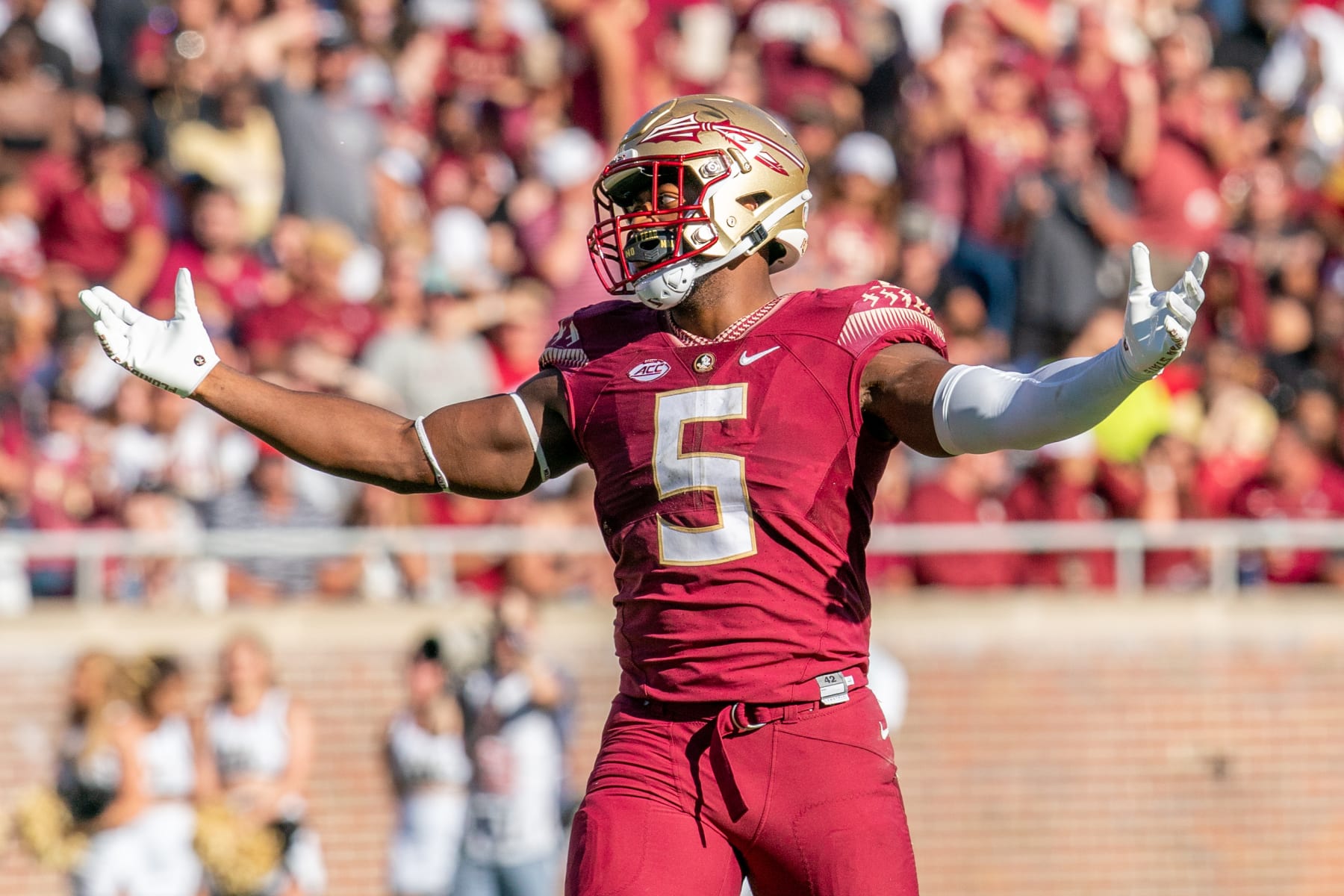 TALLAHASSEE, FL - OCTOBER 01: Florida State Seminoles defensive lineman Jared Verse (5) celebrates a sack  during a college football game between the Florida State Seminoles and the Wake Forest Demon Deacons on October 01, 2022, at Bobby Bowden Field At Doak Campbell Stadium in Tallahassee, FL. (Photo by Chris Leduc/Icon Sportswire via Getty Images)