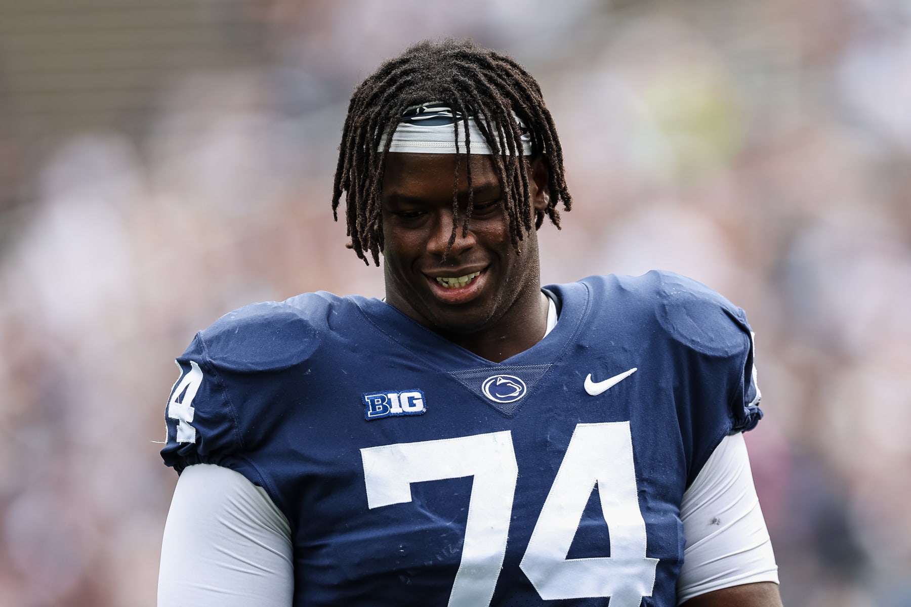STATE COLLEGE, PA - APRIL 15: Olumuyiwa Fashanu #74 of the Penn State Nittany Lions looks on during the Penn State Spring Football Game at Beaver Stadium on April 15, 2023 in State College, Pennsylvania. (Photo by Scott Taetsch/Getty Images)