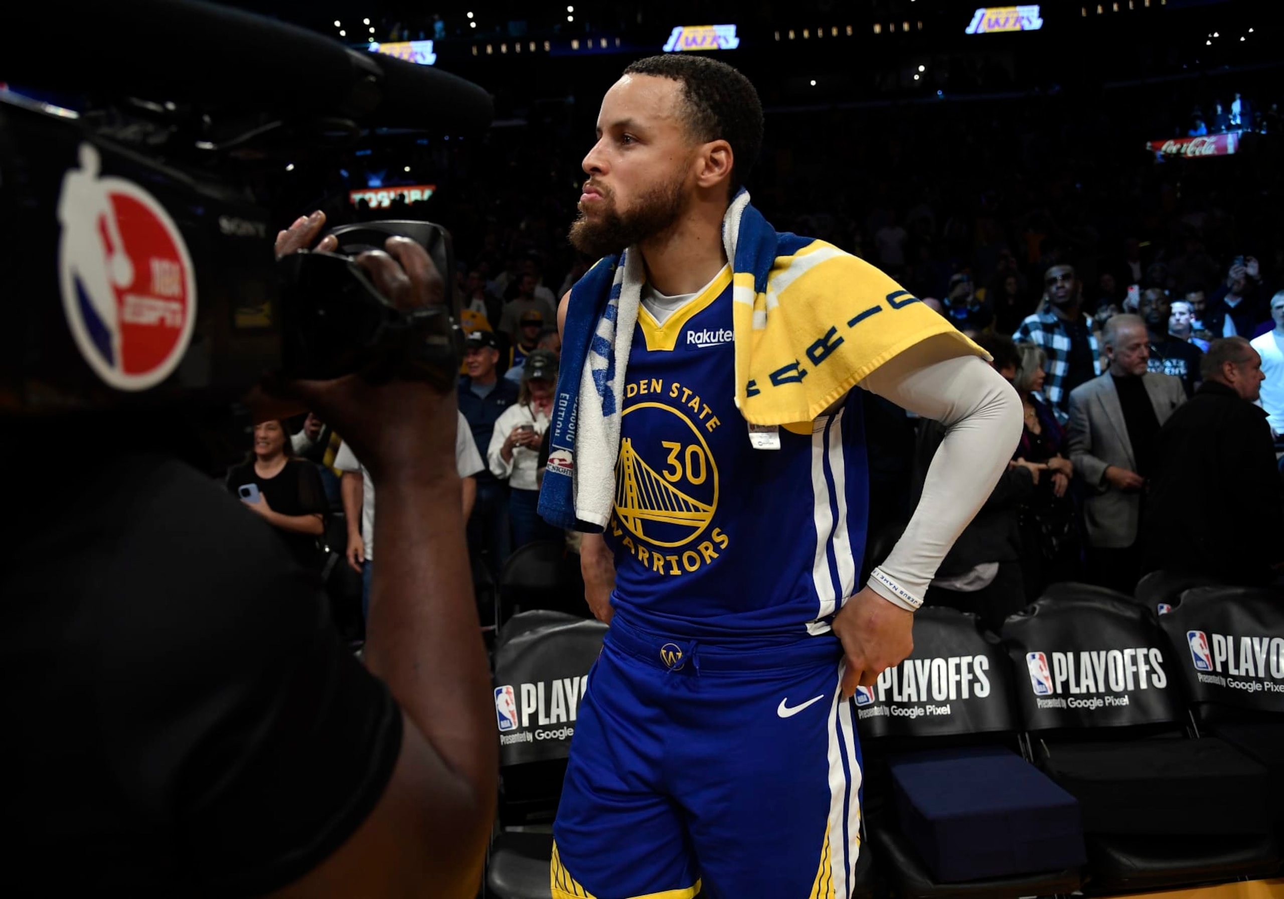 LOS ANGELES, CALIFORNIA - MAY 12: Stephen Curry #30 of the Golden State Warriors reacts after losing to the Los Angeles Lakers during the Western Conference Semifinal Playoff game at Crypto.com Arena on May 12, 2023 in Los Angeles, California. Lakers eliminated the Warriors, 122-101. NOTE TO USER: User expressly acknowledges and agrees that, by downloading and or using this photograph, User is consenting to the terms and conditions of the Getty Images License Agreement. (Photo by Kevork Djansezian/Getty Images)