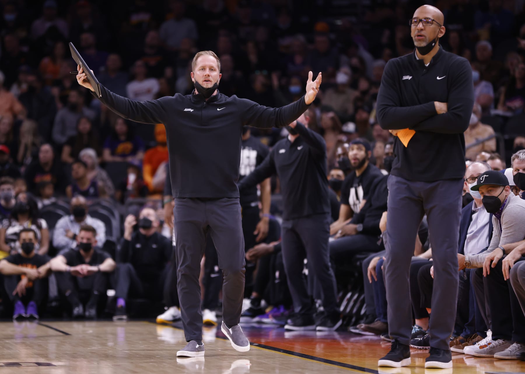 PHOENIX, ARIZONA - FEBRUARY 12: Associate head coach Kevin Young of the Phoenix Suns gestures during the first half against the Orlando Magic at Footprint Center on February 12, 2022 in Phoenix, Arizona. The Suns beat the Magic 132-105. NOTE TO USER: User expressly acknowledges and agrees that, by downloading and or using this photograph, User is consenting to the terms and conditions of the Getty Images License Agreement. (Photo by Chris Coduto/Getty Images)