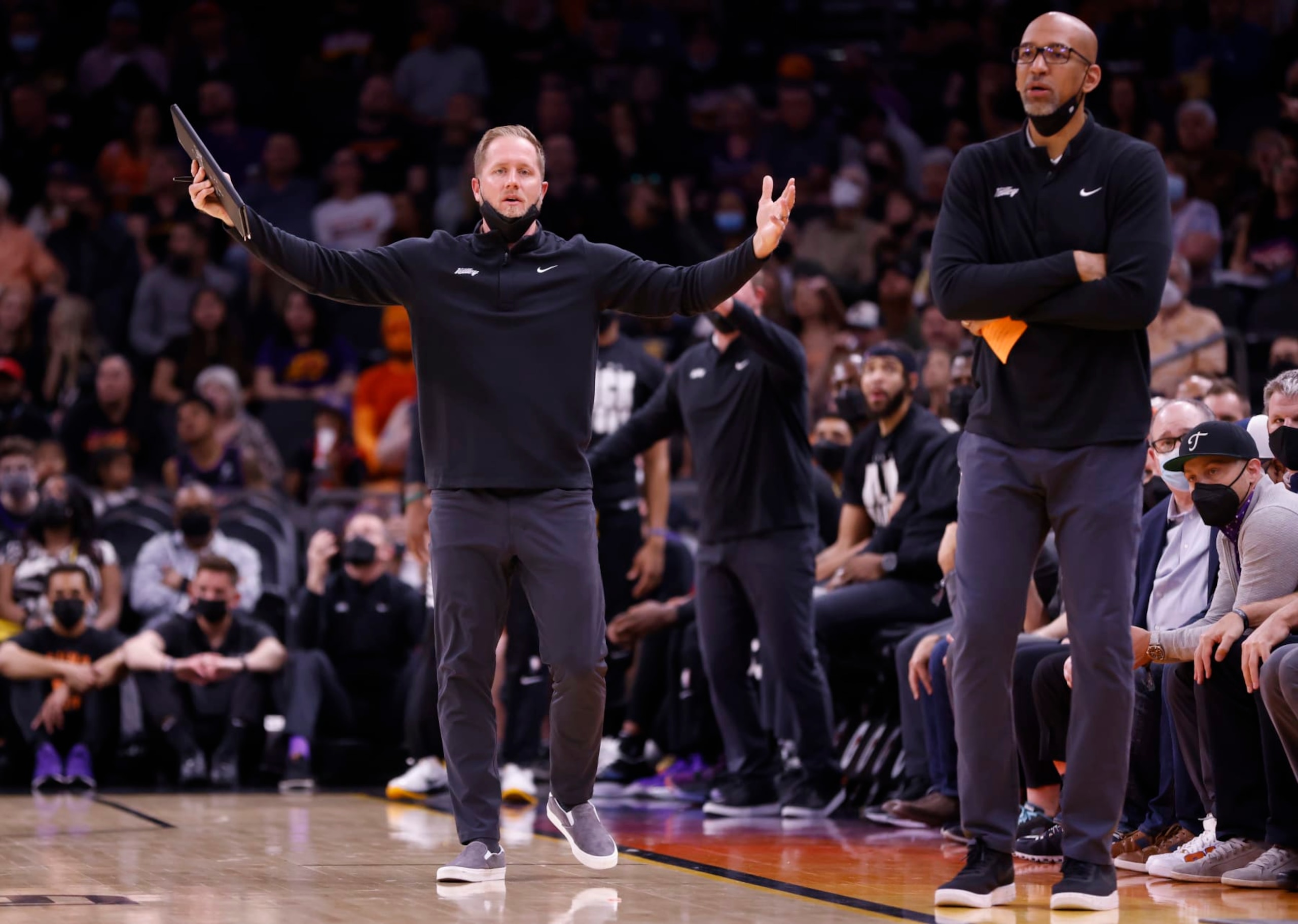 PHOENIX, ARIZONA - FEBRUARY 12: Associate head coach Kevin Young of the Phoenix Suns gestures during the first half against the Orlando Magic at Footprint Center on February 12, 2022 in Phoenix, Arizona. The Suns beat the Magic 132-105. NOTE TO USER: User expressly acknowledges and agrees that, by downloading and or using this photograph, User is consenting to the terms and conditions of the Getty Images License Agreement. (Photo by Chris Coduto/Getty Images)