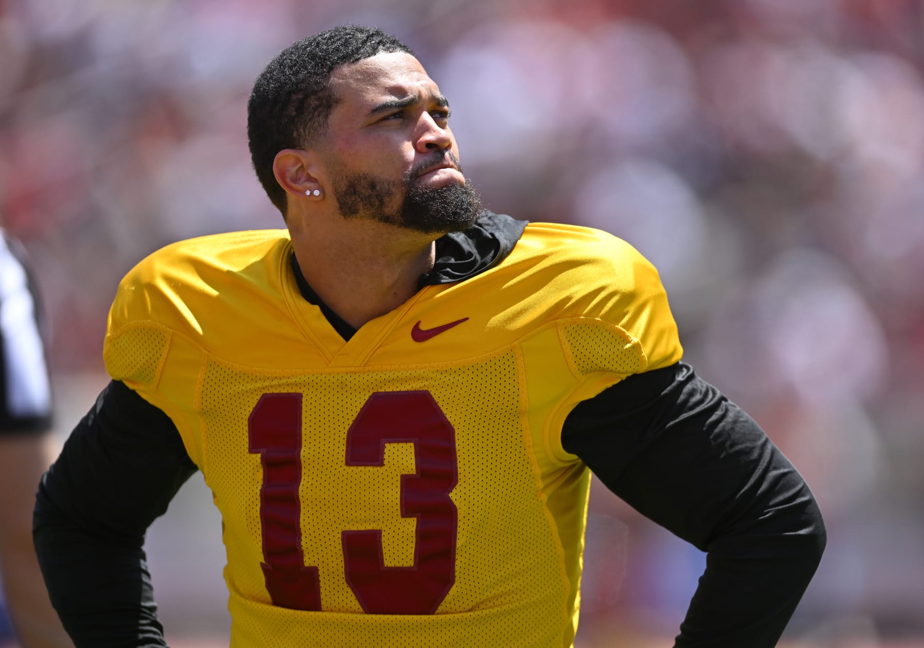 LOS ANGELES, CA - APRIL 15: Quarterback Caleb Williams #13 of the USC Trojans looks on during the USC spring game at the Los Angeles Memorial Coliseum on April 15, 2023 in Los Angeles, California. (Photo by Jayne Kamin-Oncea/Getty Images)