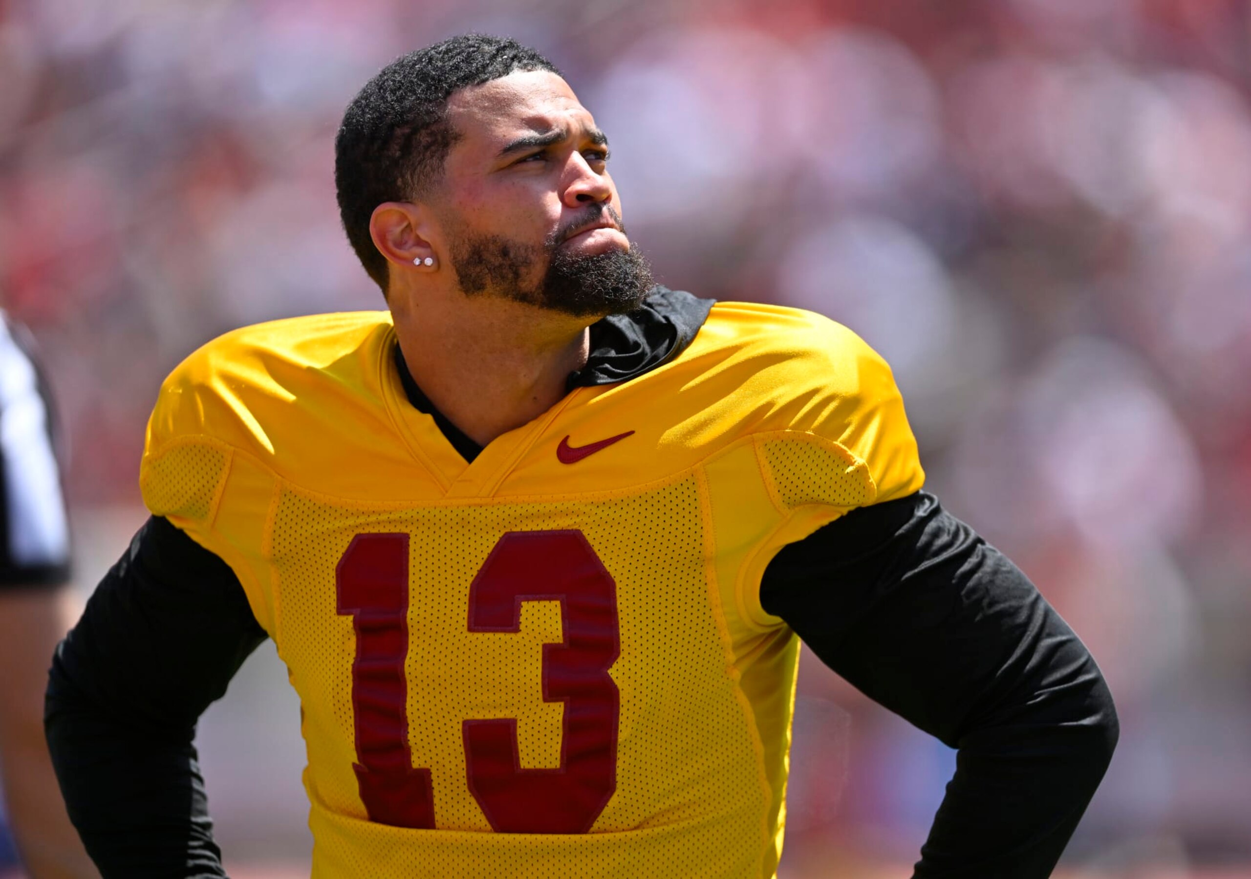 LOS ANGELES, CA - APRIL 15: Quarterback Caleb Williams #13 of the USC Trojans looks on during the USC spring game at the Los Angeles Memorial Coliseum on April 15, 2023 in Los Angeles, California. (Photo by Jayne Kamin-Oncea/Getty Images)
