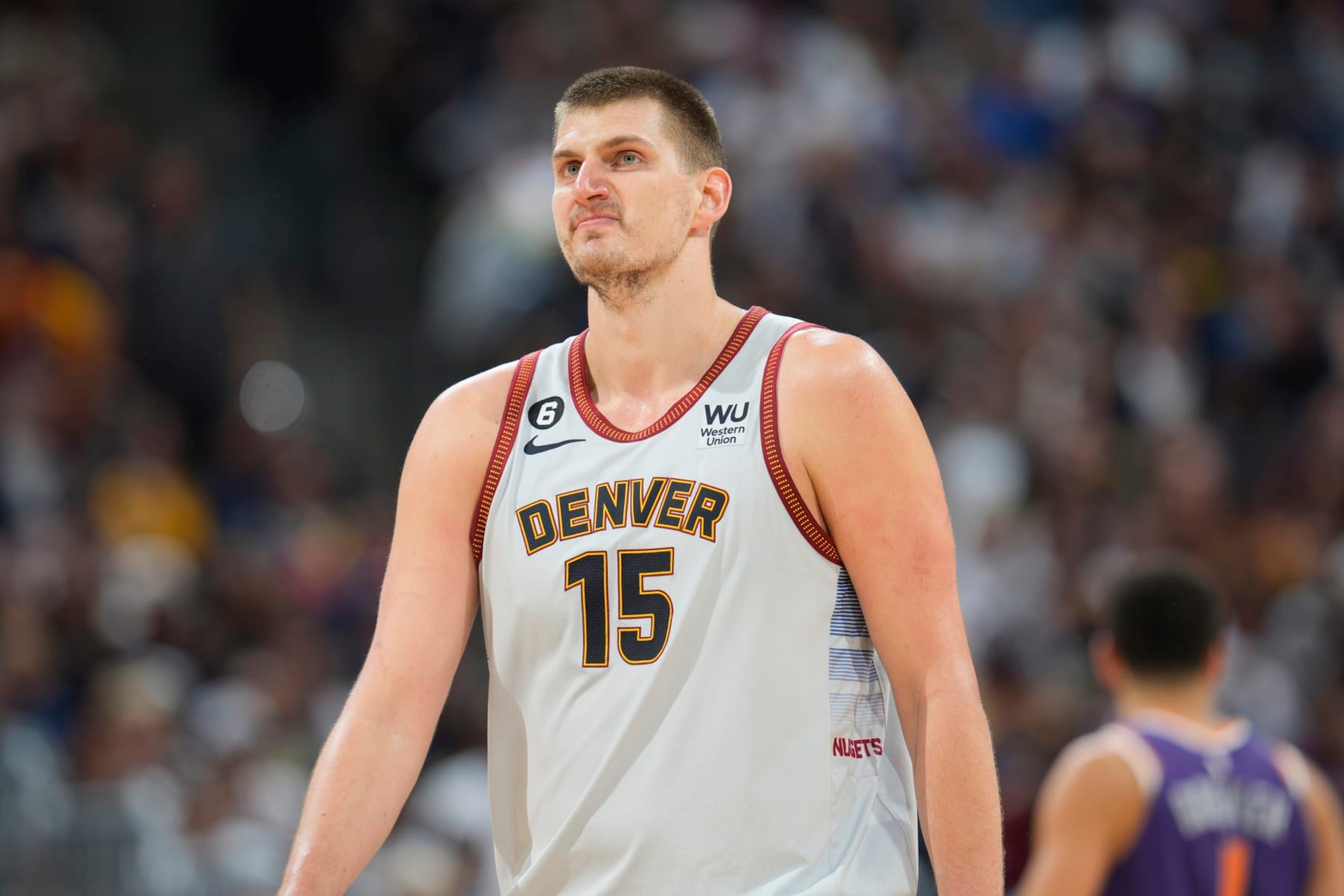 Denver Nuggets center Nikola Jokic (15) in the second half of Game 5 of an NBA Western Conference basketball semifinal playoff series Tuesday, May 9, 2023, in Denver. (AP Photo/David Zalubowski)