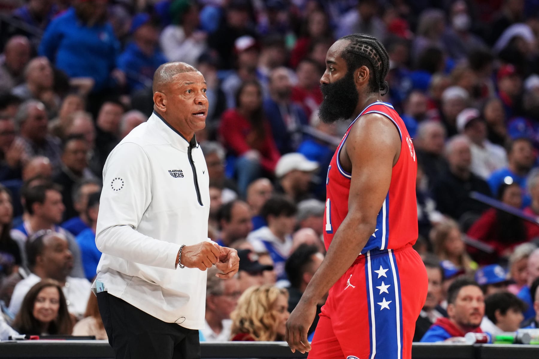 PHILADELPHIA, PA - MAY 5: Head Coach Doc Rivers speaks with James Harden #1 of the Philadelphia 76ers during Round 2 Game 3 of the Eastern Conference Semi-Finals 2023 NBA Playoffs against the Boston Celtics on May 5, 2023 at the Wells Fargo Center in Philadelphia, Pennsylvania NOTE TO USER: User expressly acknowledges and agrees that, by downloading and/or using this Photograph, user is consenting to the terms and conditions of the Getty Images License Agreement. Mandatory Copyright Notice: Copyright 2023 NBAE (Photo by Jesse D. Garrabrant/NBAE via Getty Images)