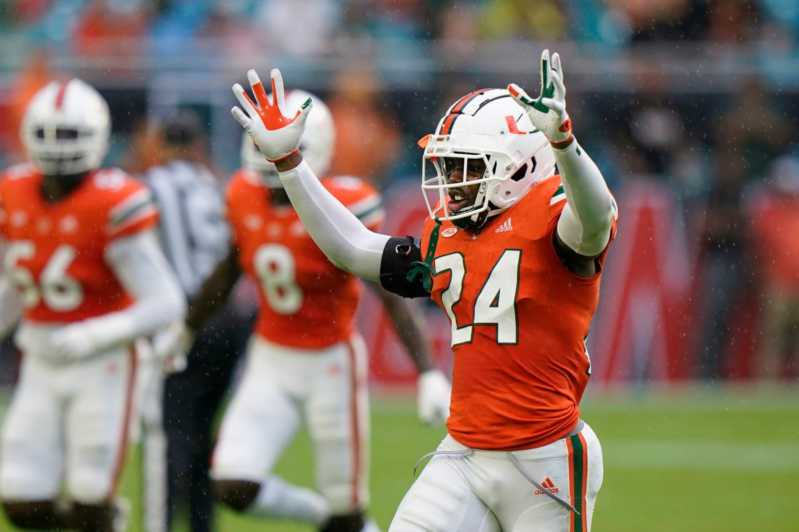 Miami safety Kamren Kinchens (24) celebrates an interception during the first half of an NCAA college football game against Middle Tennessee, Saturday, Sept. 24, 2022, in Miami Gardens, Fla. (AP Photo/Wilfredo Lee)