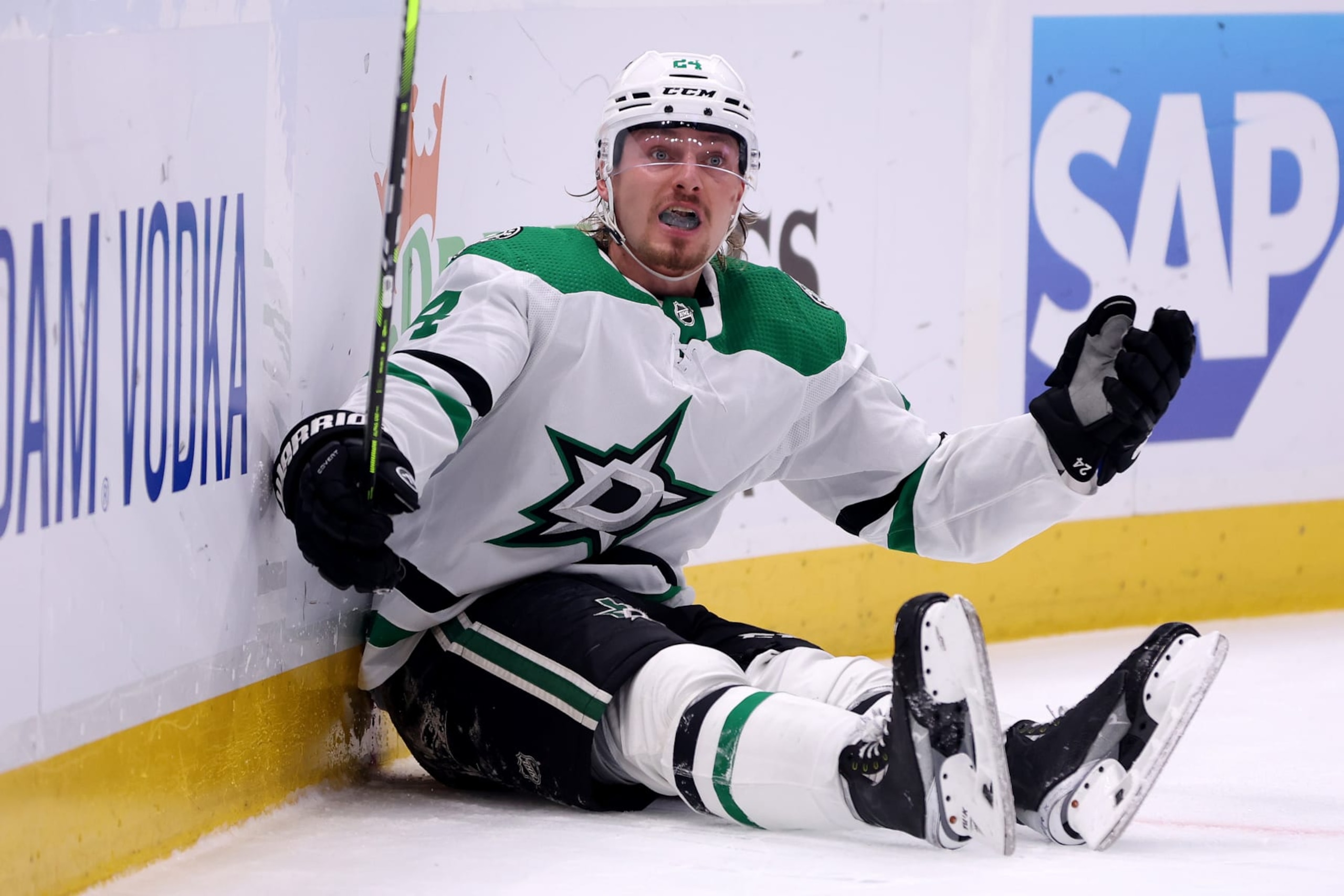 SEATTLE, WASHINGTON - MAY 13: Roope Hintz #24 of the Dallas Stars looks for a penalty against the Seattle Kraken during the first period in Game Six of the Second Round of the 2023 Stanley Cup Playoffs at Climate Pledge Arena on May 13, 2023 in Seattle, Washington. (Photo by Steph Chambers/Getty Images)