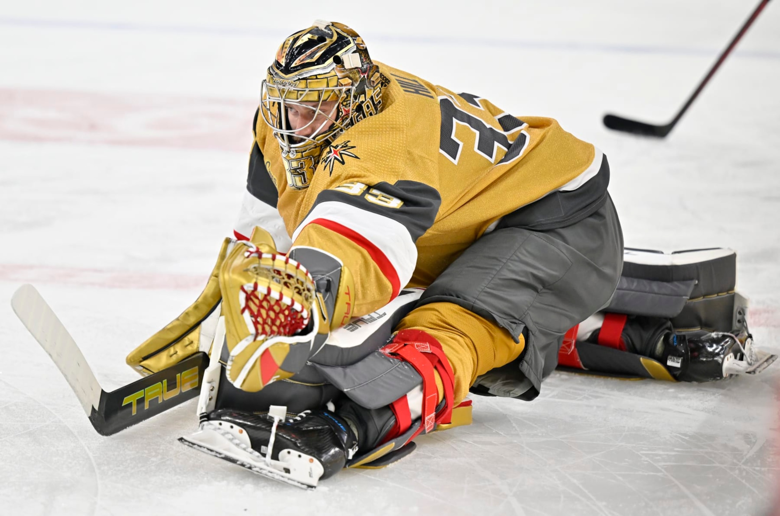 LAS VEGAS, NEVADA - MAY 12: Adin Hill #33 of the Vegas Golden Knights warms up prior to Game Five of the Second Round of the 2023 Stanley Cup Playoffs against the Edmonton Oilers at T-Mobile Arena on May 12, 2023 in Las Vegas, Nevada. (Photo by David Becker/NHLI via Getty Images)