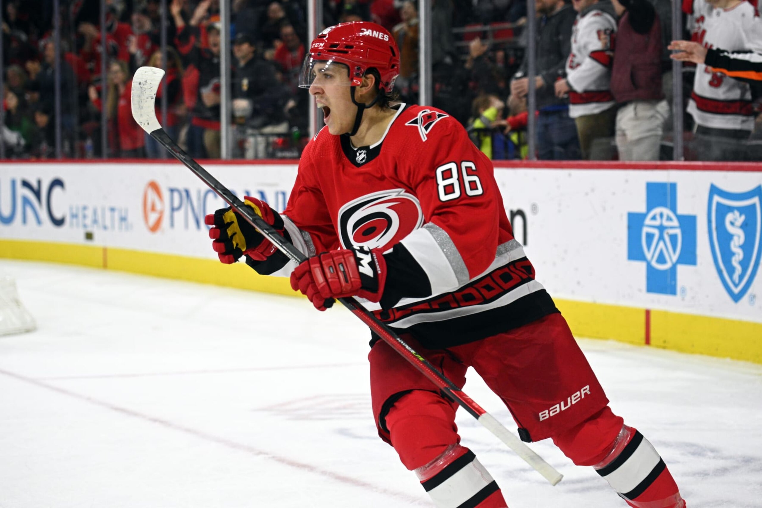 RALEIGH, NC - JANUARY 19: Carolina Hurricanes Left Wing Teuvo Teravainen (86) celebrates scoring a goal during the game between the Minnesota Wild and the Carolina Hurricanes on January 19, 2023 at PNC Arena in Raleigh, North Carolina. (Photo by Katherine Gawlik/Icon Sportswire via Getty Images)
