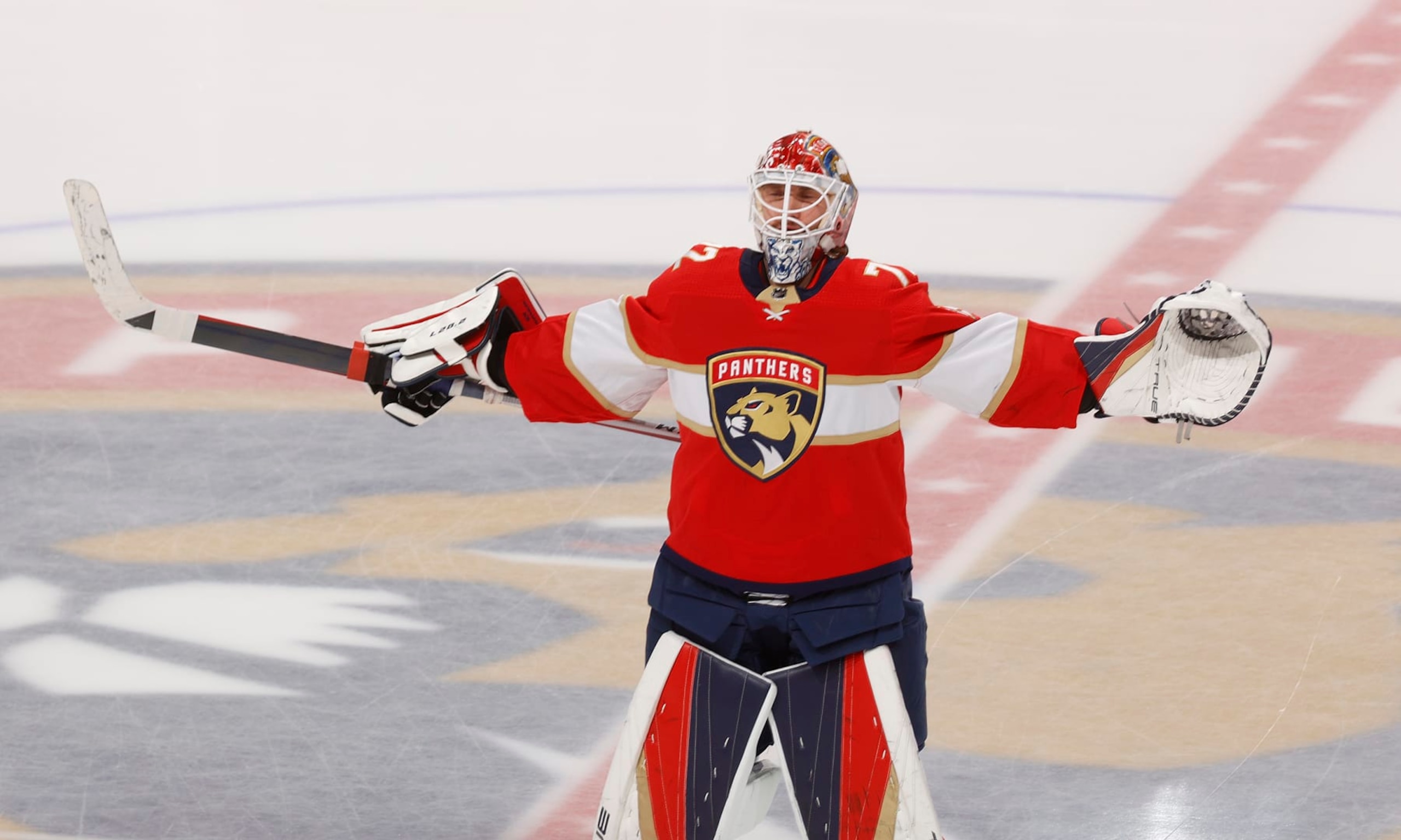 SUNRISE, FL - MAY 10: Goaltender Sergei Bobrovsky #72 of the Florida Panthers skates onto the ice prior to action against the Toronto Maple Leafs in Game Four of the Second Round of the 2023 Stanley Cup Playoffs at the FLA Live Arena on May 10, 2023 in Sunrise, Florida. (Photo by Joel Auerbach/Getty Images)