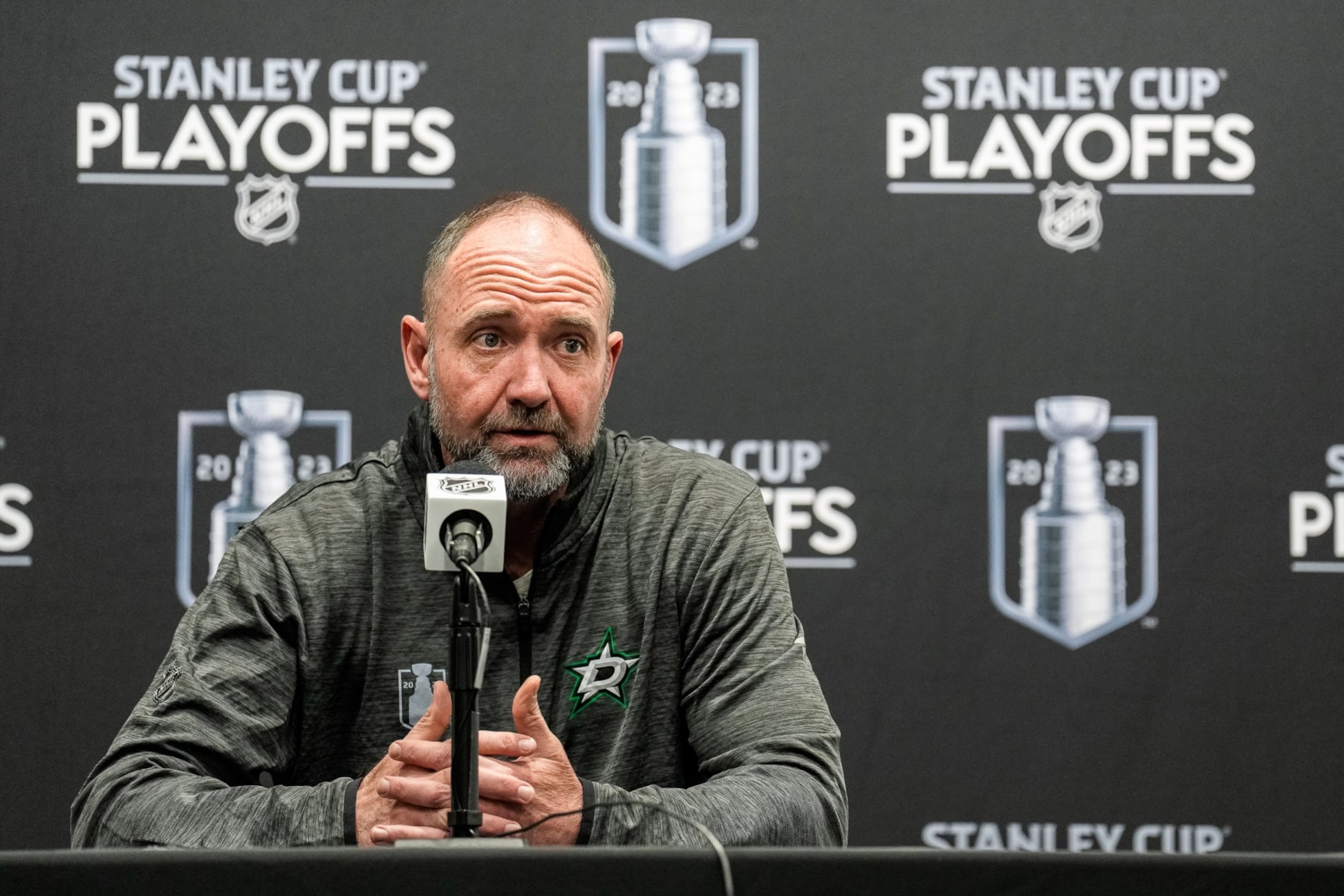 SEATTLE, WASHINGTON - MAY 12:Dallas Stars Head Coach Peter DeBoer addresses the media prior to Game Six against the Seattle Kraken in the Second Round of the 2023 Stanley Cup Playoffs at Climate Pledge Arena on May 12, 2023 in Seattle, Washington. (Photo by Christopher Mast/NHLI via Getty Images)