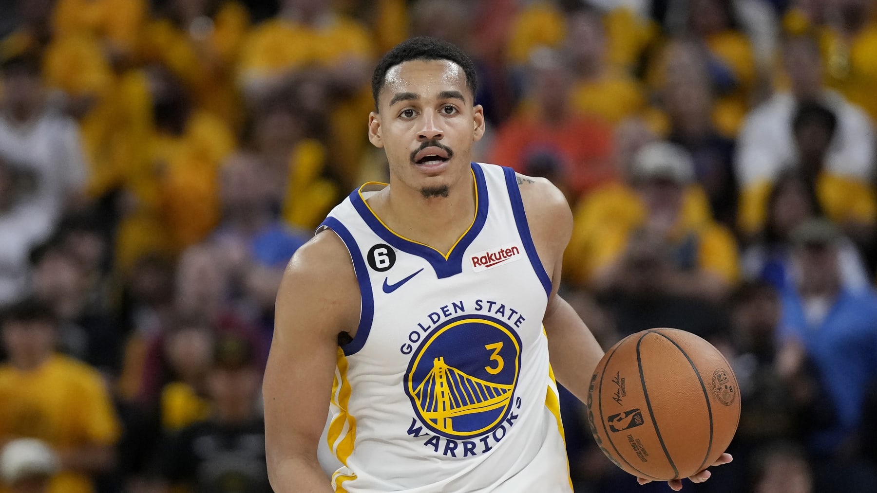 Golden State Warriors guard Jordan Poole (3) during Game 4 in the first round of the NBA basketball playoffs against the Sacramento Kings in San Francisco, Sunday, April 23, 2023. (AP Photo/Jeff Chiu)