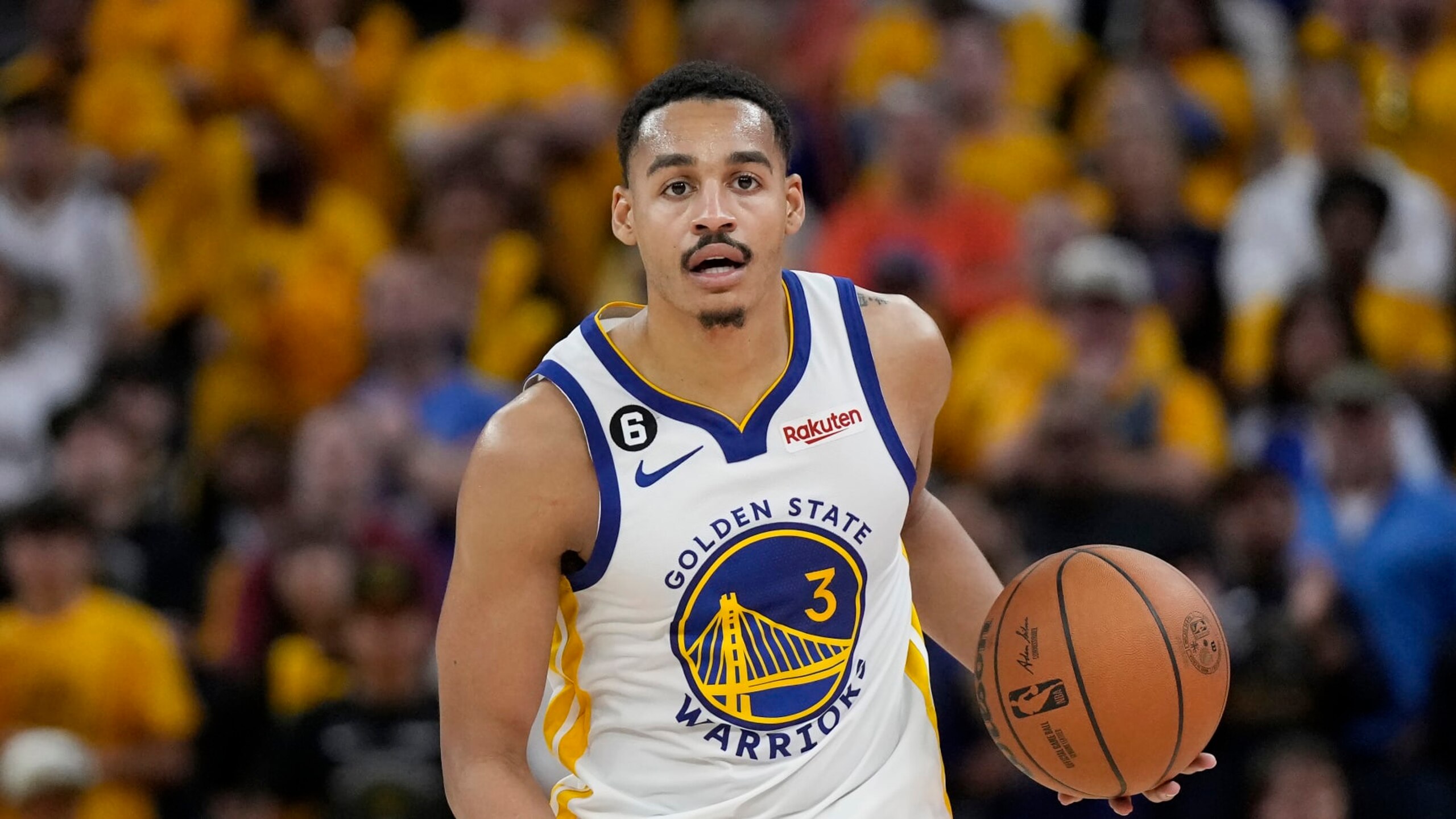 Golden State Warriors guard Jordan Poole (3) during Game 4 in the first round of the NBA basketball playoffs against the Sacramento Kings in San Francisco, Sunday, April 23, 2023. (AP Photo/Jeff Chiu)