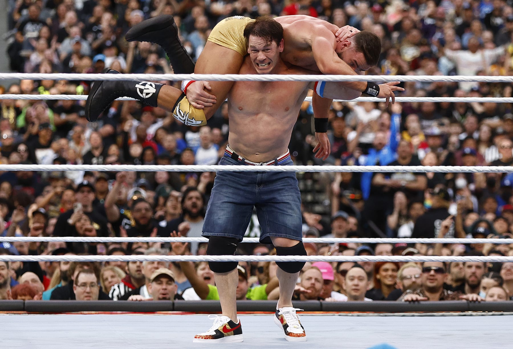 INGLEWOOD, CALIFORNIA - APRIL 01:  Austin Theory and John Cena wrestle for the United States Chamionship during WrestleMania Goes Hollywood at SoFi Stadium on April 01, 2023 in Inglewood, California. (Photo by Ronald Martinez/Getty Images)