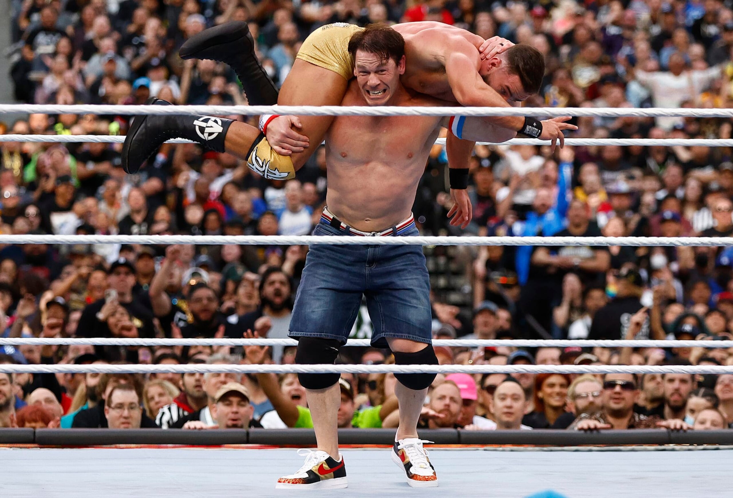 INGLEWOOD, CALIFORNIA - APRIL 01:  Austin Theory and John Cena wrestle for the United States Chamionship during WrestleMania Goes Hollywood at SoFi Stadium on April 01, 2023 in Inglewood, California. (Photo by Ronald Martinez/Getty Images)
