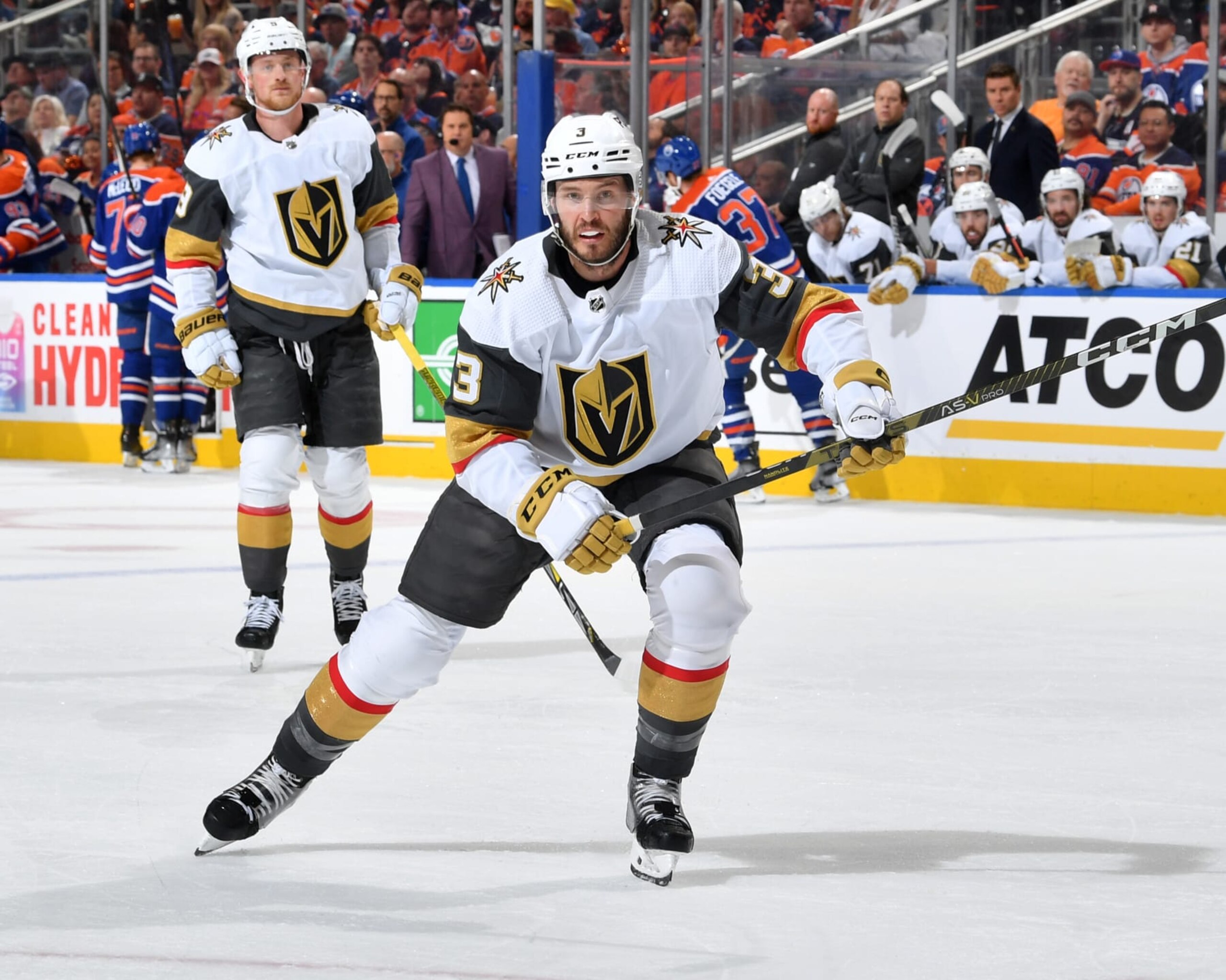 EDMONTON, CANADA - MAY 14: Brayden McNabb #3 of the Vegas Golden Knights skates against the Edmonton Oilers in Game Six of the Second Round of the 2023 Stanley Cup Playoffs at Rogers Place on May 14, 2023, in Edmonton, Alberta, Canada. (Photo by Andy Devlin/NHLI via Getty Images)