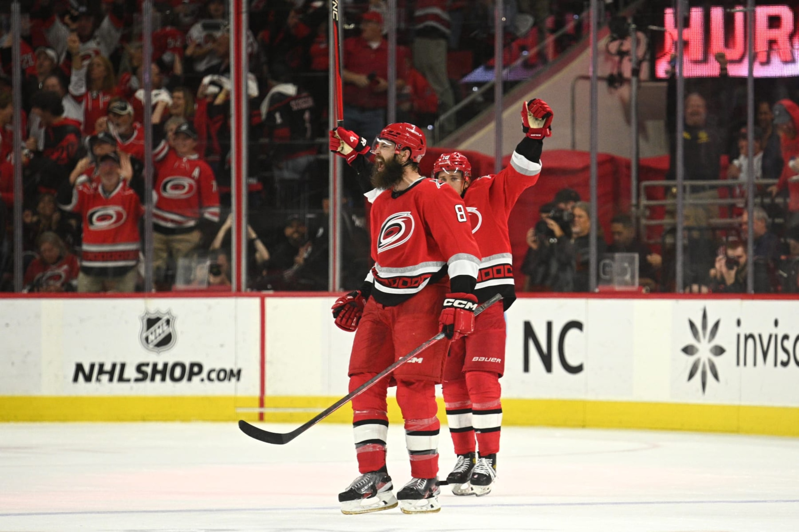 RALEIGH, NC - MAY 11: Carolina Hurricanes Defenceman Brent Burns (8) celebrates scoring a goal during game 5 of the second round of the Stanley Cup Playoffs between the New Jersey Devils and the Carolina Hurricanes on May 11, 2023 at PNC Arena in Raleigh, North Carolina. (Photo by Katherine Gawlik/Icon Sportswire via Getty Images)