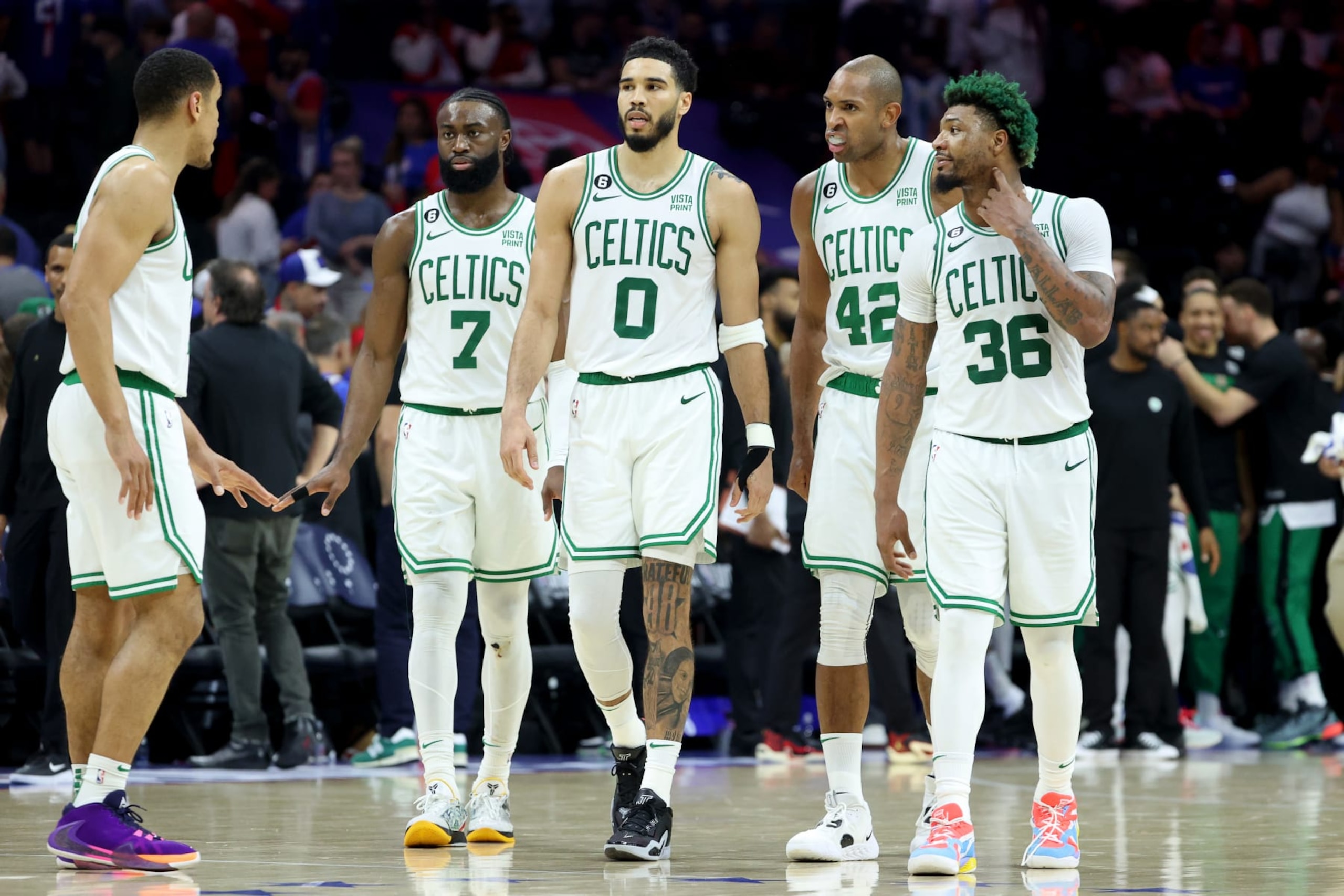 PHILADELPHIA, PENNSYLVANIA - MAY 11: Malcolm Brogdon #13, Jaylen Brown #7, Jayson Tatum #0, Al Horford #42 and Marcus Smart #36 of the Boston Celtics talk against the Philadelphia 76ers during the fourth quarter in game six of the Eastern Conference Semifinals in the 2023 NBA Playoffs at Wells Fargo Center on May 11, 2023 in Philadelphia, Pennsylvania. NOTE TO USER: User expressly acknowledges and agrees that, by downloading and or using this photograph, User is consenting to the terms and conditions of the Getty Images License Agreement. (Photo by Tim Nwachukwu/Getty Images) PHILADELPHIA, PENNSYLVANIA - MAY 11: Malcolm Brogdon #13, Jaylen Brown #7, Jayson Tatum #0, Al Horford #42 and Marcus Smart #36 of the Boston Celtics talk against the Philadelphia 76ers during the fourth quarter in game six of the Eastern Conference Semifinals in the 2023 NBA Playoffs at Wells Fargo Center on May 11, 2023 in Philadelphia, Pennsylvania. NOTE TO USER: User expressly acknowledges and agrees that, by downloading and or using this photograph, User is consenting to the terms and conditions of the Getty Images License Agreement. (Photo by Tim Nwachukwu/Getty Images)