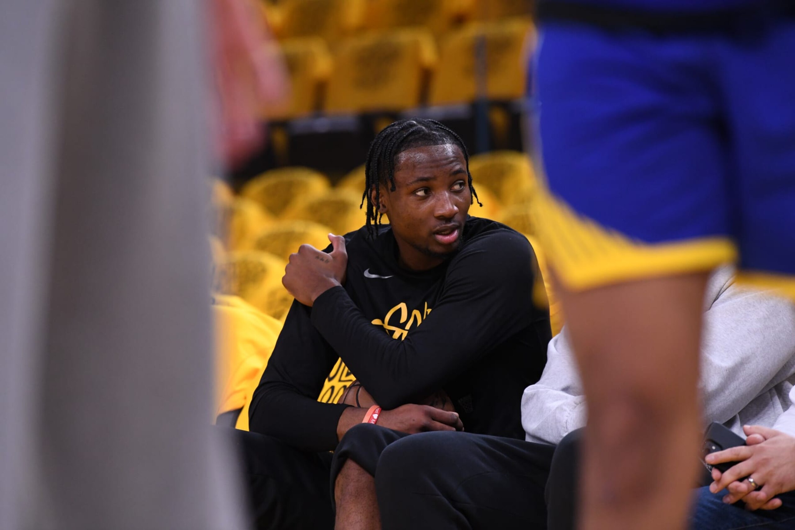 SAN FRANCISCO, CA - MAY 10: Jonathan Kuminga #00 of the Golden State Warriors warms up before Game Five of the Western Conference Semi-Finals of the 2023 NBA Playoffs against the Los Angeles Lakers on May 10, 2023 at Chase Center in San Francisco, California. NOTE TO USER: User expressly acknowledges and agrees that, by downloading and or using this photograph, user is consenting to the terms and conditions of Getty Images License Agreement. Mandatory Copyright Notice: Copyright 2023 NBAE (Photo by Noah Graham/NBAE via Getty Images)