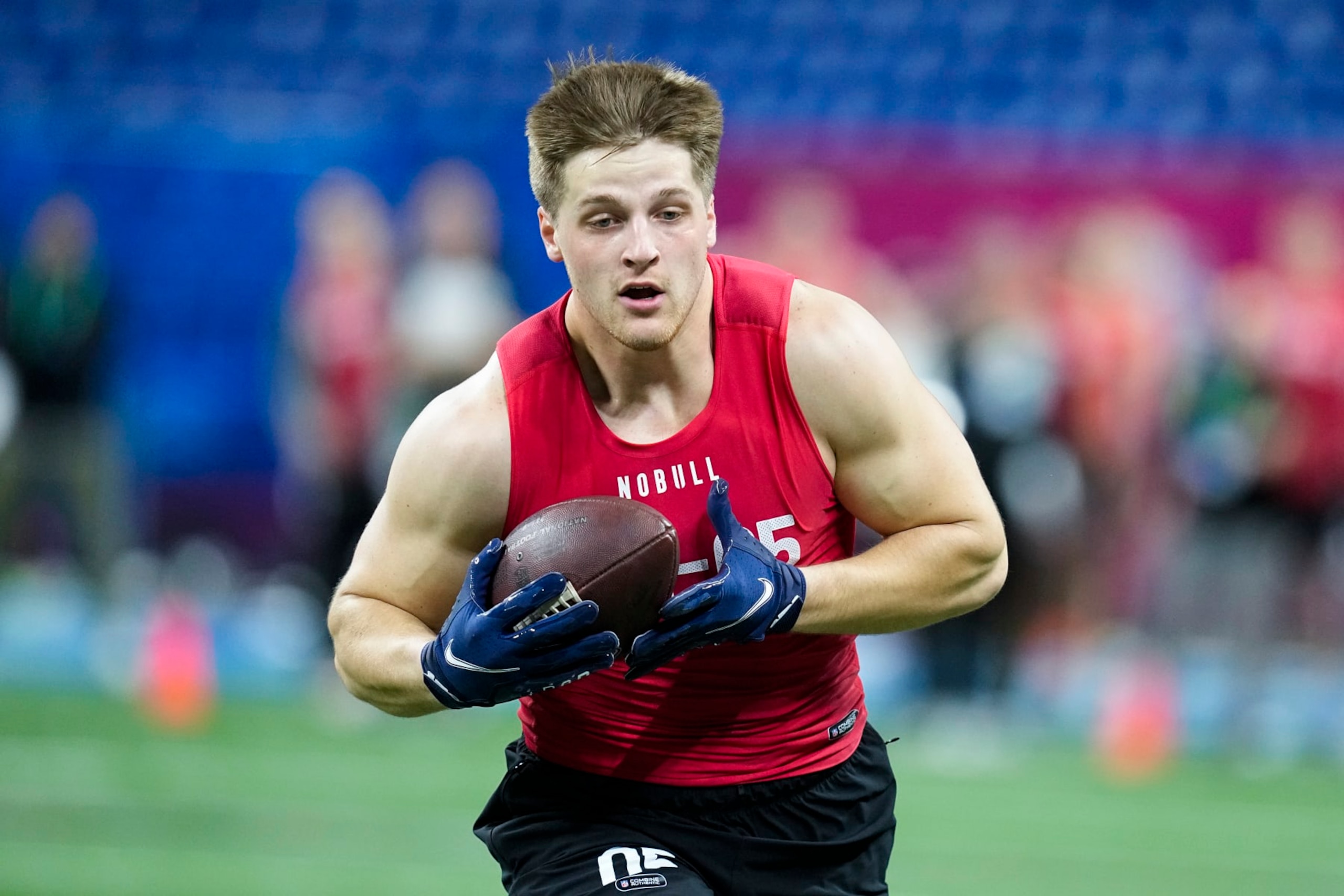 South Dakota State tight end Tucker Kraft runs a drill at the NFL football scouting combine in Indianapolis, Saturday, March 4, 2023. (AP Photo/Darron Cummings)