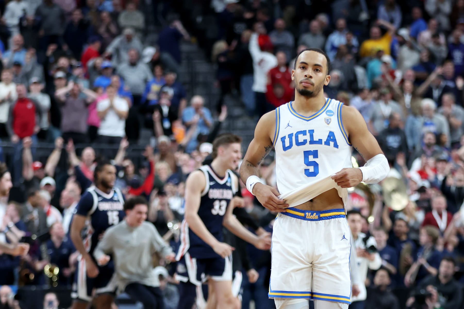 LAS VEGAS, NEVADA - MARCH 23: Amari Bailey #5 of the UCLA Bruins reacts after losing to the Gonzaga Bulldogs 79-76 during the Sweet 16 round of the NCAA Men's Basketball Tournament at T-Mobile Arena on March 23, 2023 in Las Vegas, Nevada. (Photo by Sean M. Haffey/Getty Images)