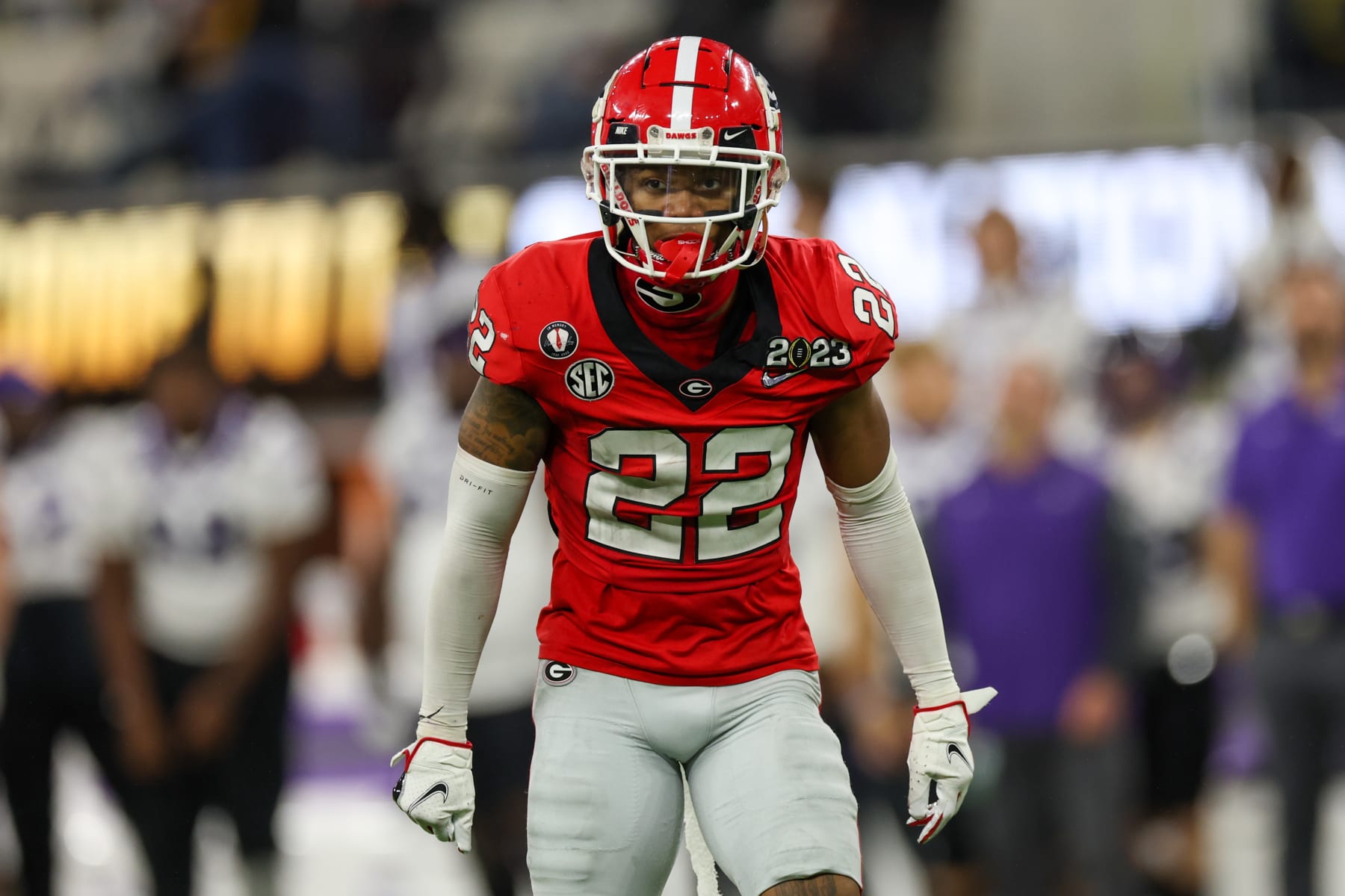 INGLEWOOD, CA - JANUARY 09: Georgia Bulldogs defensive back Javon Bullard (22) looks at the offense during the Georgia Bulldogs game versus the TCU Horned Frogs in the College Football Playoff National Championship game on January 9, 2023, at SoFi Stadium in Inglewood, CA. (Photo by Jordon Kelly/Icon Sportswire via Getty Images)