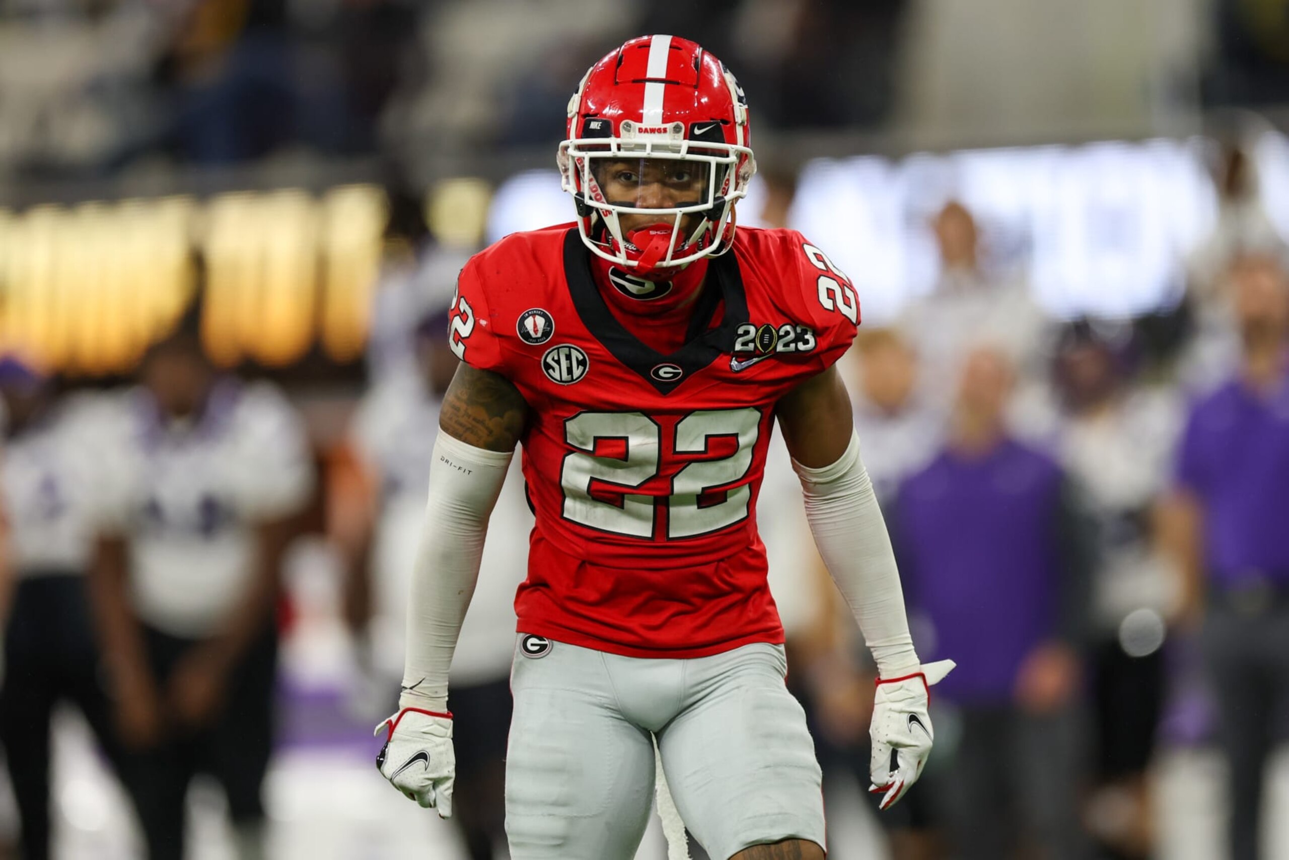 INGLEWOOD, CA - JANUARY 09: Georgia Bulldogs defensive back Javon Bullard (22) looks at the offense during the Georgia Bulldogs game versus the TCU Horned Frogs in the College Football Playoff National Championship game on January 9, 2023, at SoFi Stadium in Inglewood, CA. (Photo by Jordon Kelly/Icon Sportswire via Getty Images) INGLEWOOD, CA - JANUARY 09: Georgia Bulldogs defensive back Javon Bullard (22) looks at the offense during the Georgia Bulldogs game versus the TCU Horned Frogs in the College Football Playoff National Championship game on January 9, 2023, at SoFi Stadium in Inglewood, CA. (Photo by Jordon Kelly/Icon Sportswire via Getty Images)