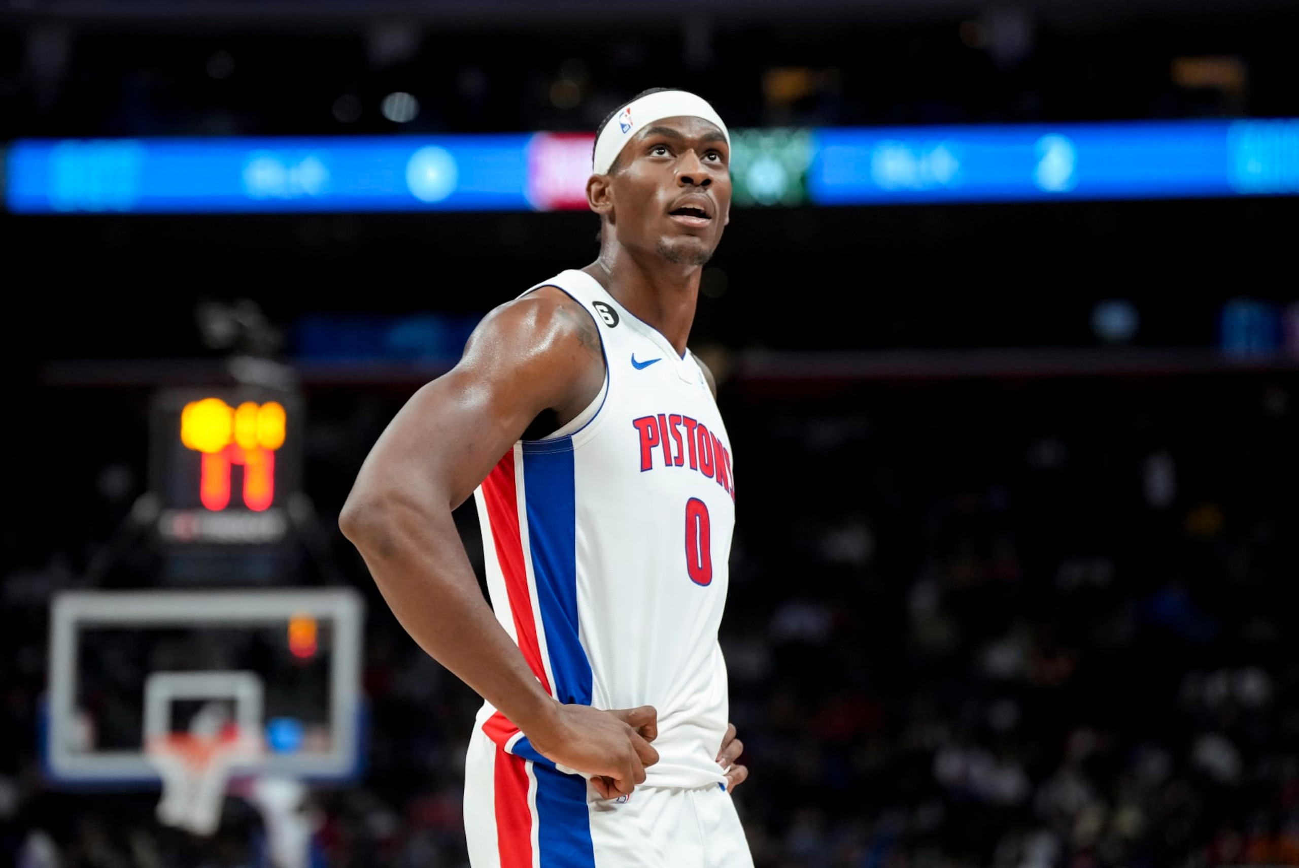 DETROIT, MICHIGAN - MARCH 27: Jalen Duren #0 of the Detroit Pistons looks on against the Milwaukee Bucks at Little Caesars Arena on March 27, 2023 in Detroit, Michigan. NOTE TO USER: User expressly acknowledges and agrees that, by downloading and or using this photograph, User is consenting to the terms and conditions of the Getty Images License Agreement. (Photo by Nic Antaya/Getty Images)