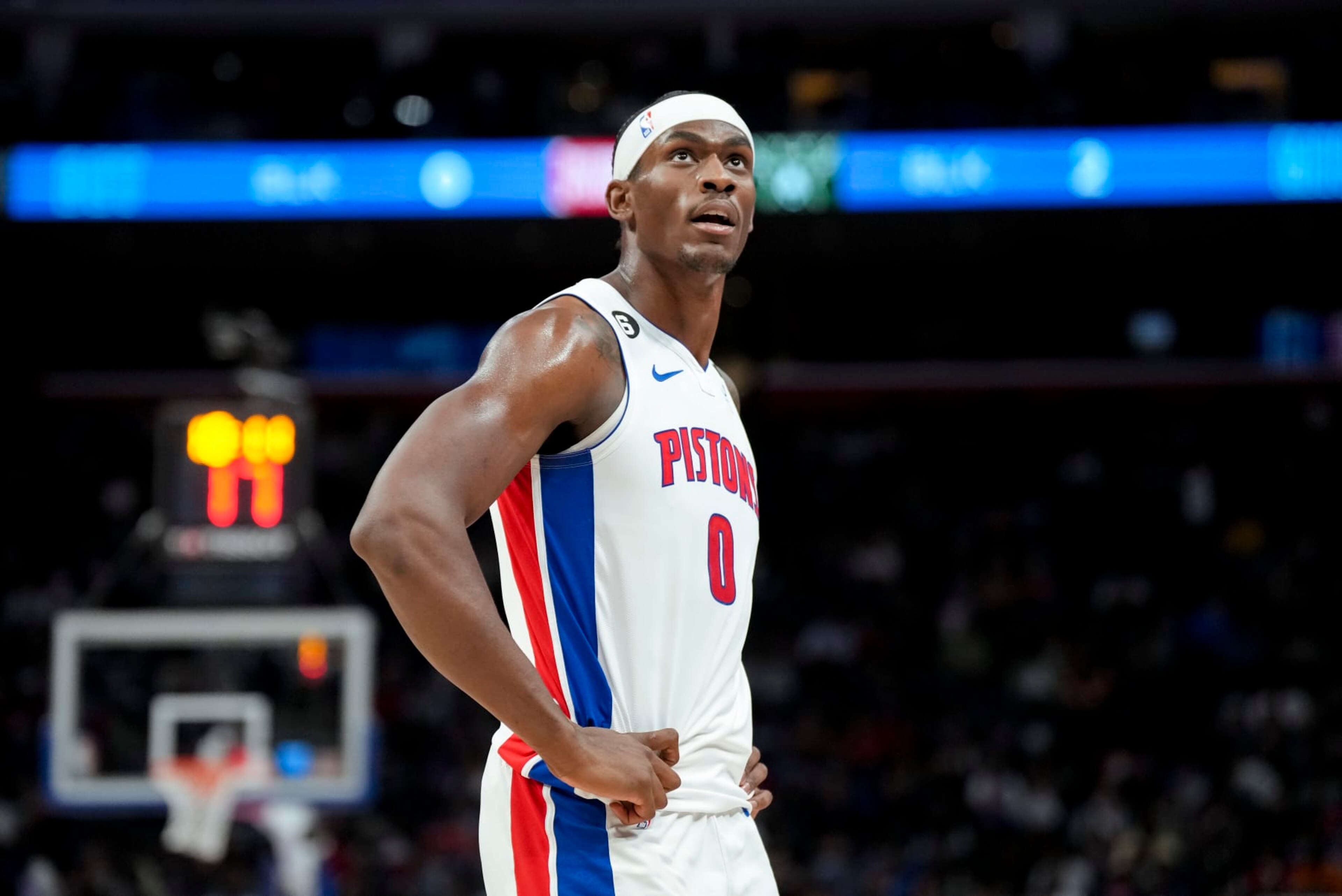 DETROIT, MICHIGAN - MARCH 27: Jalen Duren #0 of the Detroit Pistons looks on against the Milwaukee Bucks at Little Caesars Arena on March 27, 2023 in Detroit, Michigan. NOTE TO USER: User expressly acknowledges and agrees that, by downloading and or using this photograph, User is consenting to the terms and conditions of the Getty Images License Agreement. (Photo by Nic Antaya/Getty Images)