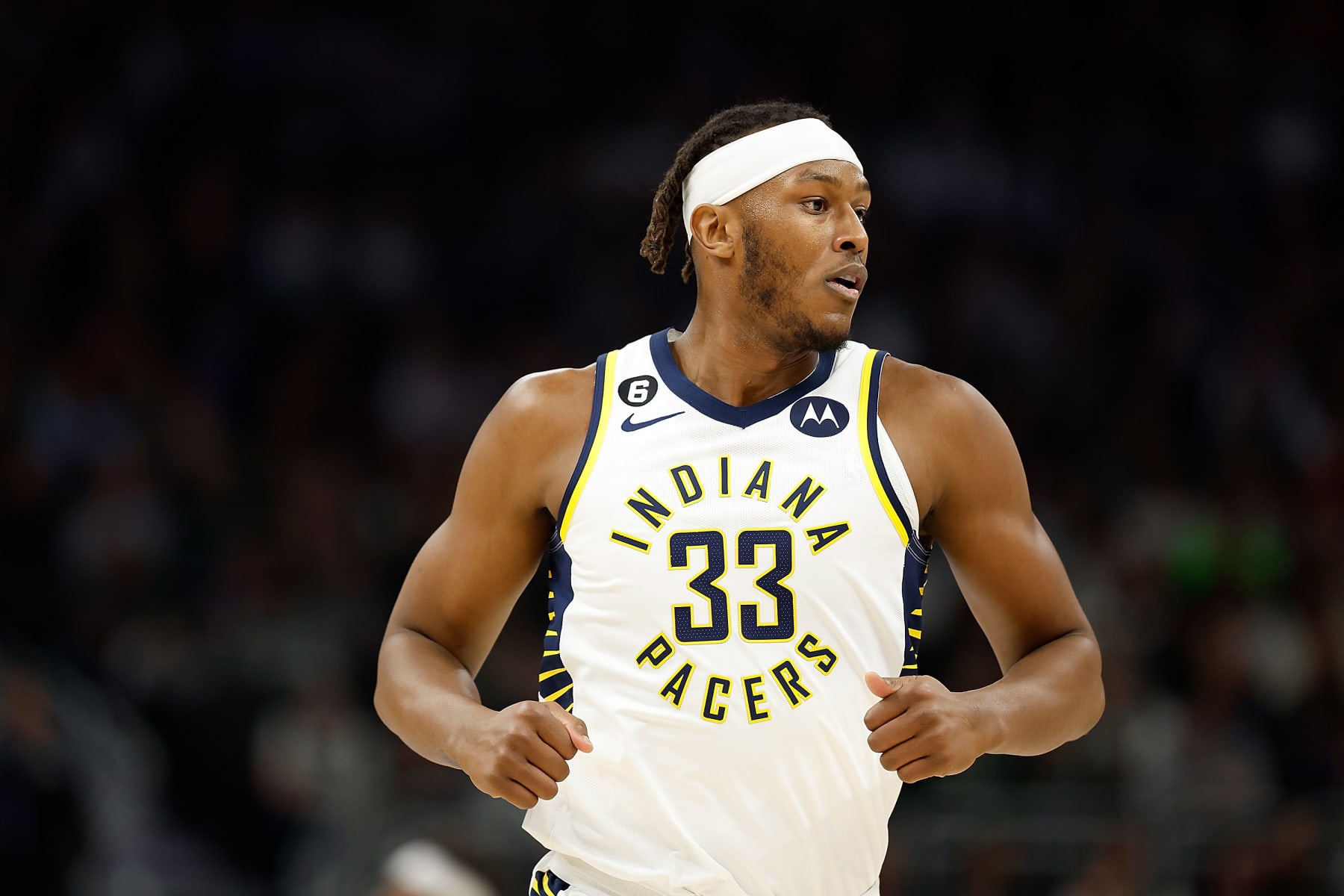 MILWAUKEE, WISCONSIN - MARCH 16: Myles Turner #33 of the Indiana Pacers runs down court during the first half of the game against the Milwaukee Bucks at Fiserv Forum on March 16, 2023 in Milwaukee, Wisconsin. NOTE TO USER: User expressly acknowledges and agrees that, by downloading and or using this photograph, User is consenting to the terms and conditions of the Getty Images License Agreement. (Photo by John Fisher/Getty Images)