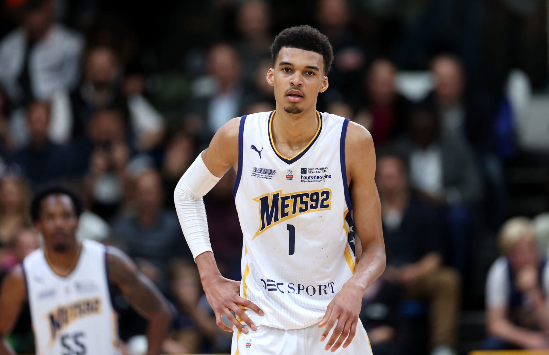 Metropolitan 92's French power forward Victor Wembanyama looks on during the French Elite basketball match between Boulogne-Levallois Metropolitans 92 and Paris basket ball at the Palais des Sports Marcel-Cerdan in Levallois-Perret, on the outskirts of Paris, on May 16, 2023. (Photo by FRANCK FIFE / AFP) (Photo by FRANCK FIFE/AFP via Getty Images)