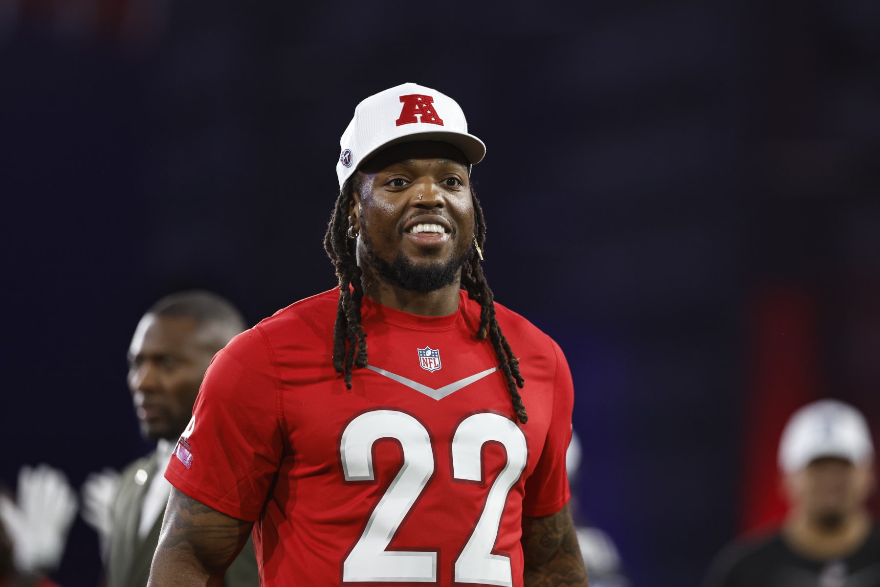 LAS VEGAS, NEVADA - FEBRUARY 02: AFC running back Derrick Henry #22 of the Tennesse Titans reacts during the Pro Bowl Games skills events on February 02, 2023 in Las Vegas, Nevada. (Photo by Michael Owens/Getty Images)