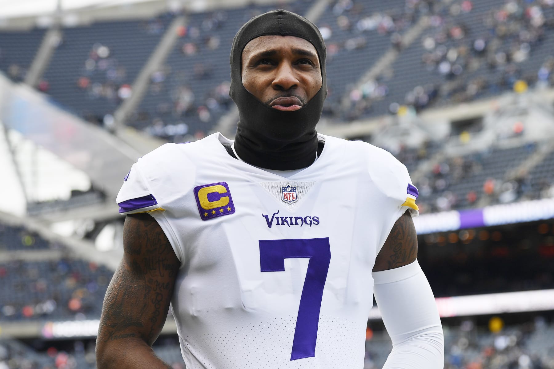 CHICAGO, ILLINOIS - JANUARY 08:  Cornerback Patrick Peterson #7 of the Minnesota Vikings warms up prior to the game against the Chicago Bears at Soldier Field on January 08, 2023 in Chicago, Illinois. (Photo by Quinn Harris/Getty Images)