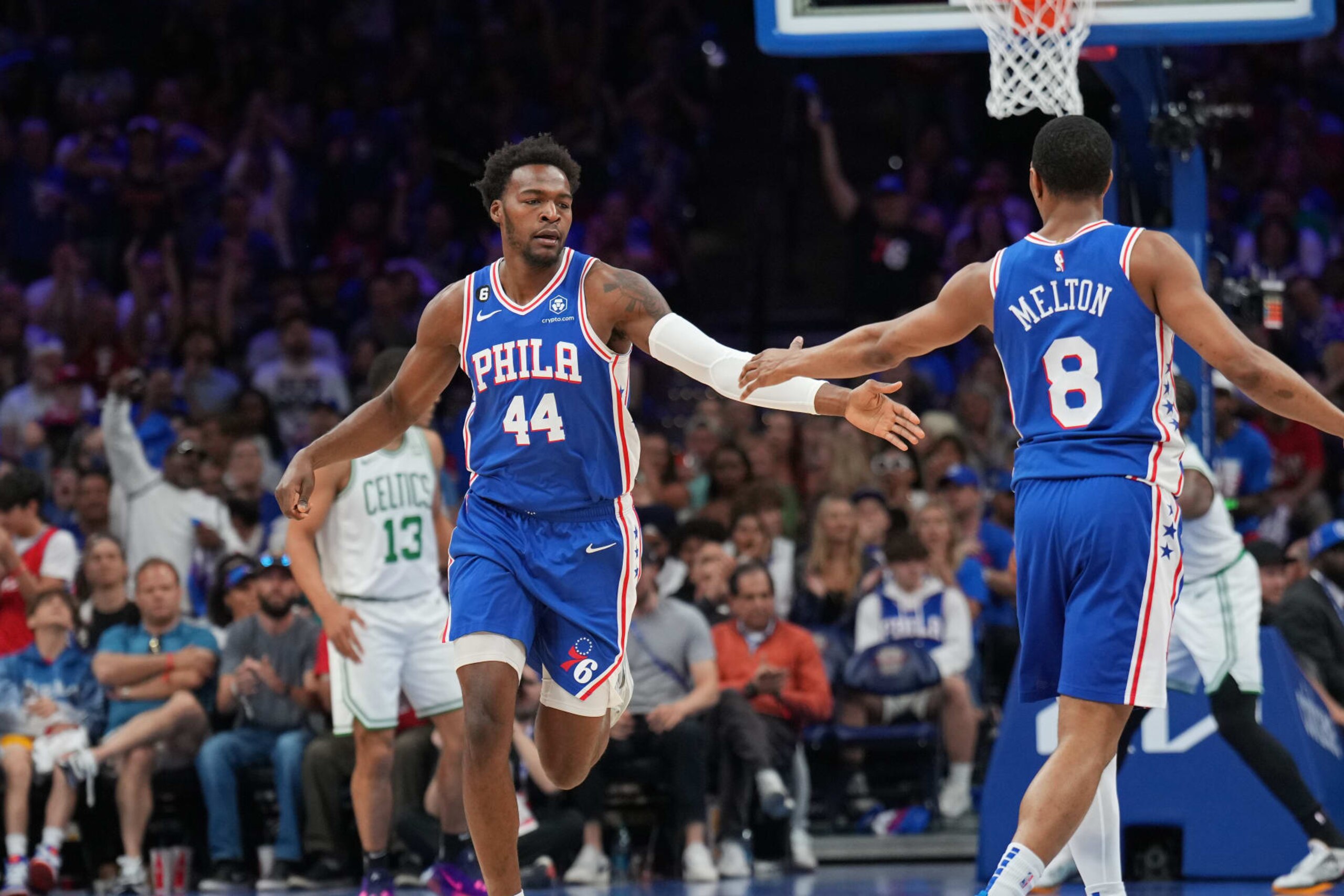 PHILADELPHIA, PA - MAY 7: Paul Reed #44 high fives teammate De'Anthony Melton #8 of the Philadelphia 76ers during the game during Game Four of the Eastern Conference Semi-Finals of the 2023 NBA Playoffs on May 7, 2023 at the Wells Fargo Center in Philadelphia, Pennsylvania NOTE TO USER: User expressly acknowledges and agrees that, by downloading and/or using this Photograph, user is consenting to the terms and conditions of the Getty Images License Agreement. Mandatory Copyright Notice: Copyright 2023 NBAE (Photo by Jesse D. Garrabrant/NBAE via Getty Images) PHILADELPHIA, PA - MAY 7: Paul Reed #44 high fives teammate De'Anthony Melton #8 of the Philadelphia 76ers during the game during Game Four of the Eastern Conference Semi-Finals of the 2023 NBA Playoffs on May 7, 2023 at the Wells Fargo Center in Philadelphia, Pennsylvania NOTE TO USER: User expressly acknowledges and agrees that, by downloading and/or using this Photograph, user is consenting to the terms and conditions of the Getty Images License Agreement. Mandatory Copyright Notice: Copyright 2023 NBAE (Photo by Jesse D. Garrabrant/NBAE via Getty Images)