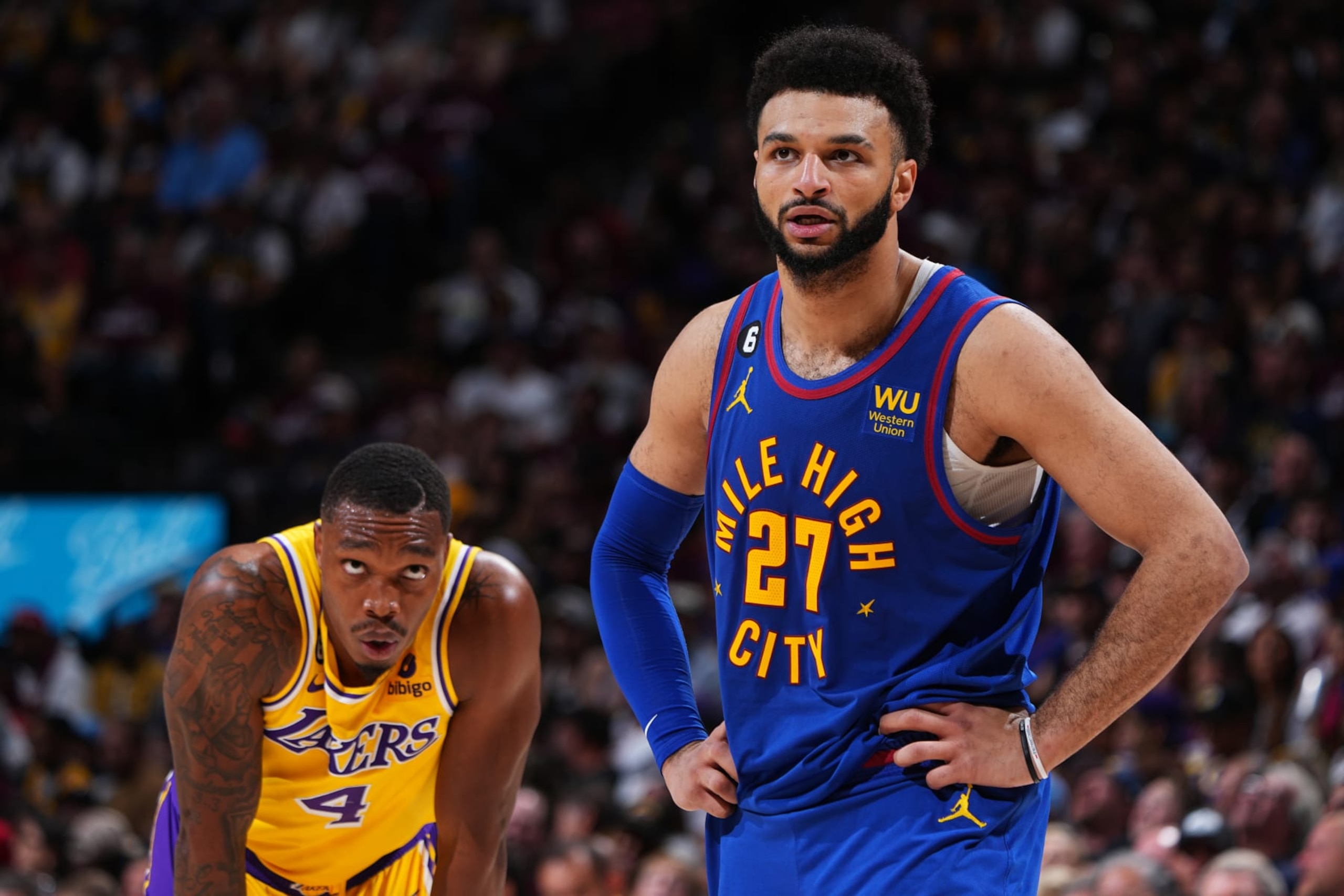 DENVER, CO -  MAY 16: Jamal Murray #27 of the Denver Nuggets looks on during Round 3 Game 1 of the Western Conference Finals 2023 NBA Playoffs against the Los Angeles Lakers on May 16, 2023 at the Ball Arena in Denver, Colorado. NOTE TO USER: User expressly acknowledges and agrees that, by downloading and/or using this Photograph, user is consenting to the terms and conditions of the Getty Images License Agreement. Mandatory Copyright Notice: Copyright 2023 NBAE (Photo by Garrett Ellwood/NBAE via Getty Images)