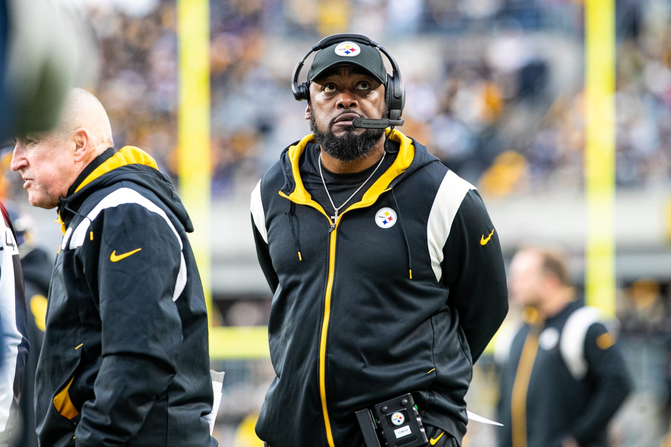 PITTSBURGH, PA - DECEMBER 11: Pittsburgh Steelers head coach Mike Tomlin looks on during the national football league game between the Baltimore Ravens and the Pittsburgh Steelers on December 11, 2022 at Acrisure Stadium in Pittsburgh, PA. (Photo by Mark Alberti/Icon Sportswire via Getty Images)