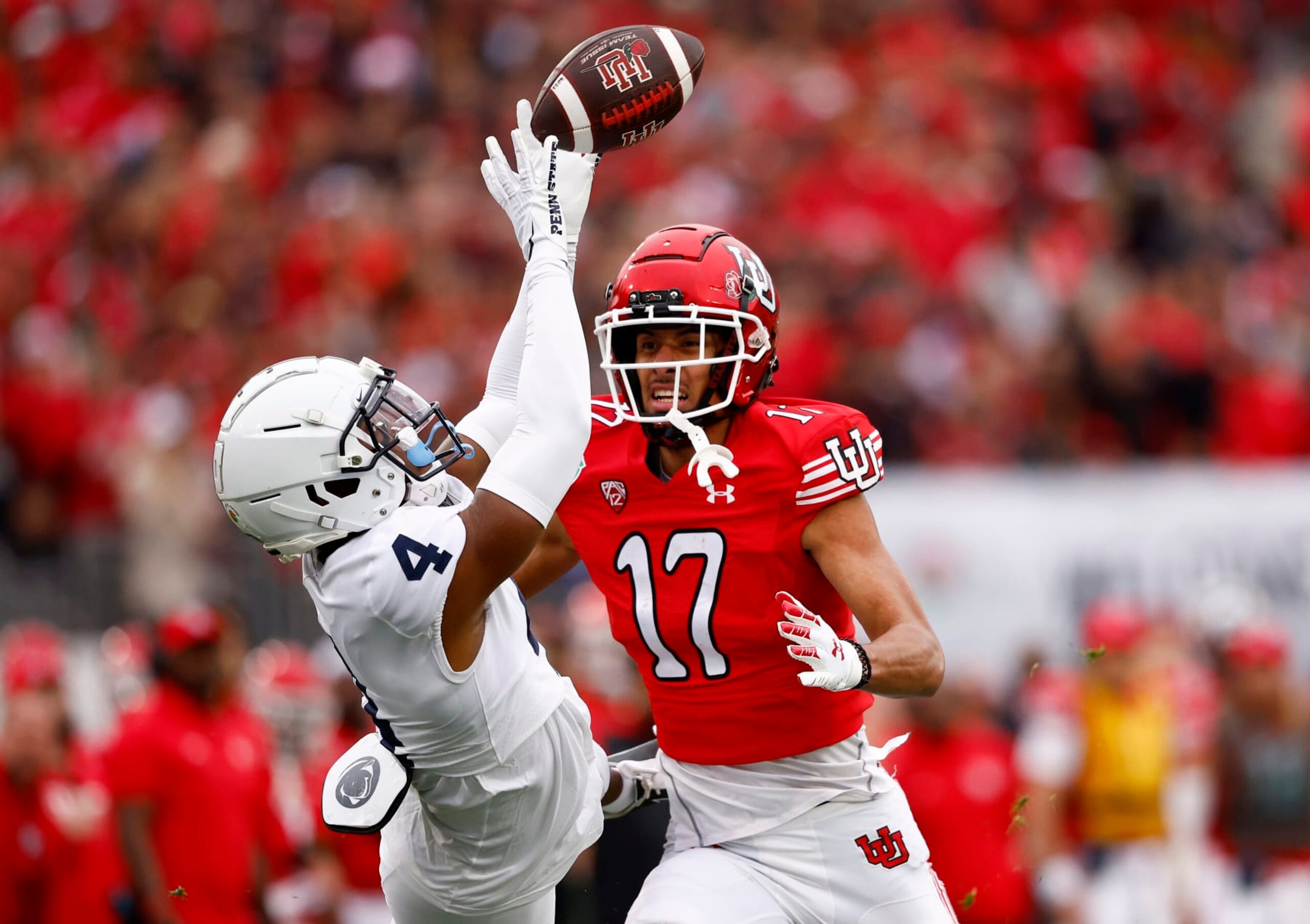 PASADENA, CALIFORNIA - JANUARY 02: Kalen King #4 of the Penn State Nittany Lions intercepts a pass intended for Devaughn Vele #17 of the Utah Utes during the first quarter in the 2023 Rose Bowl Game at Rose Bowl Stadium on January 02, 2023 in Pasadena, California. (Photo by Ronald Martinez/Getty Images)