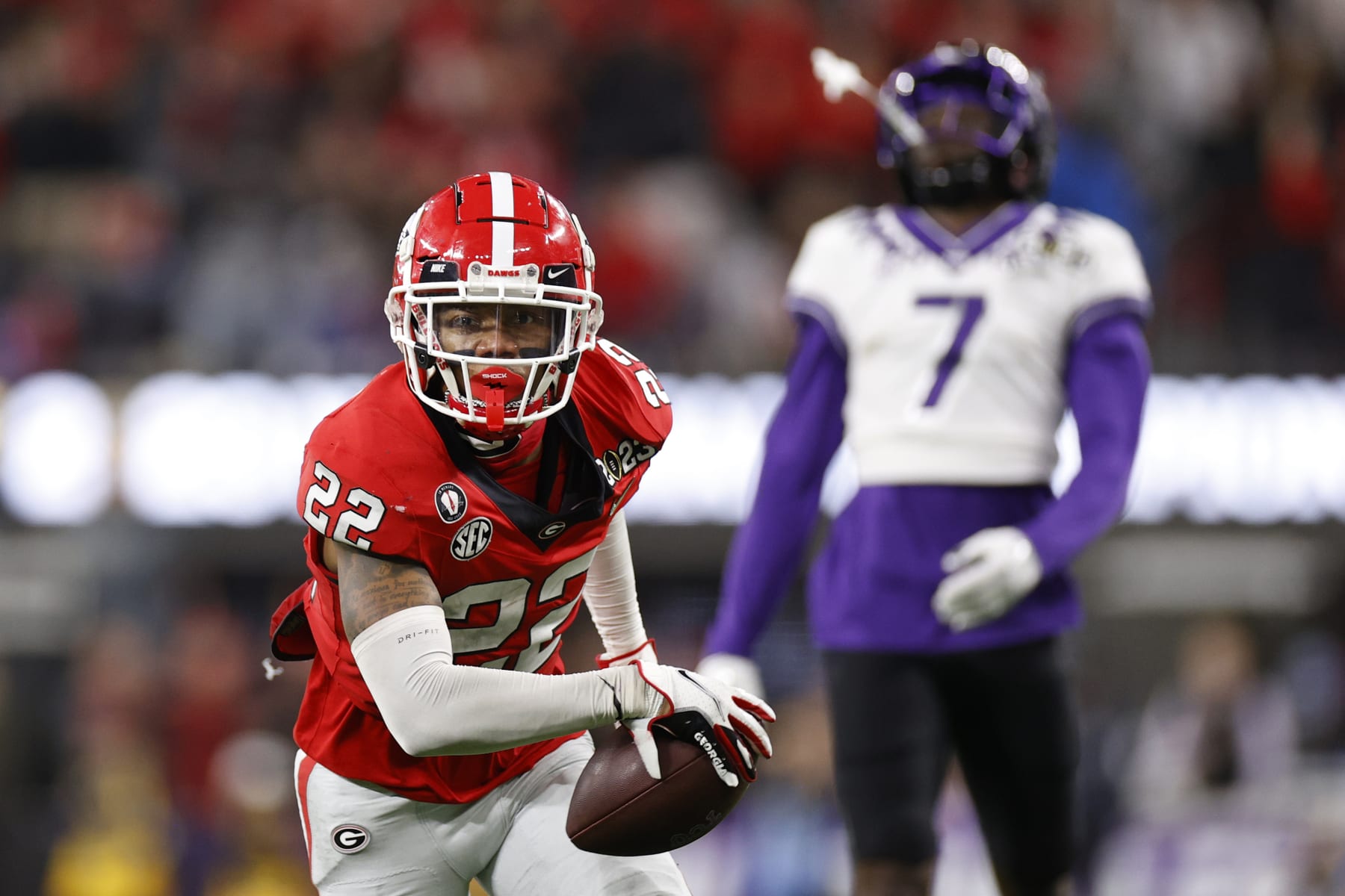 INGLEWOOD, CALIFORNIA - JANUARY 09: Javon Bullard #22 of the Georgia Bulldogs intercepts a pass late in the second quarter against the TCU Horned Frogs in the College Football Playoff National Championship game at SoFi Stadium on January 09, 2023 in Inglewood, California. (Photo by Steph Chambers/Getty Images)