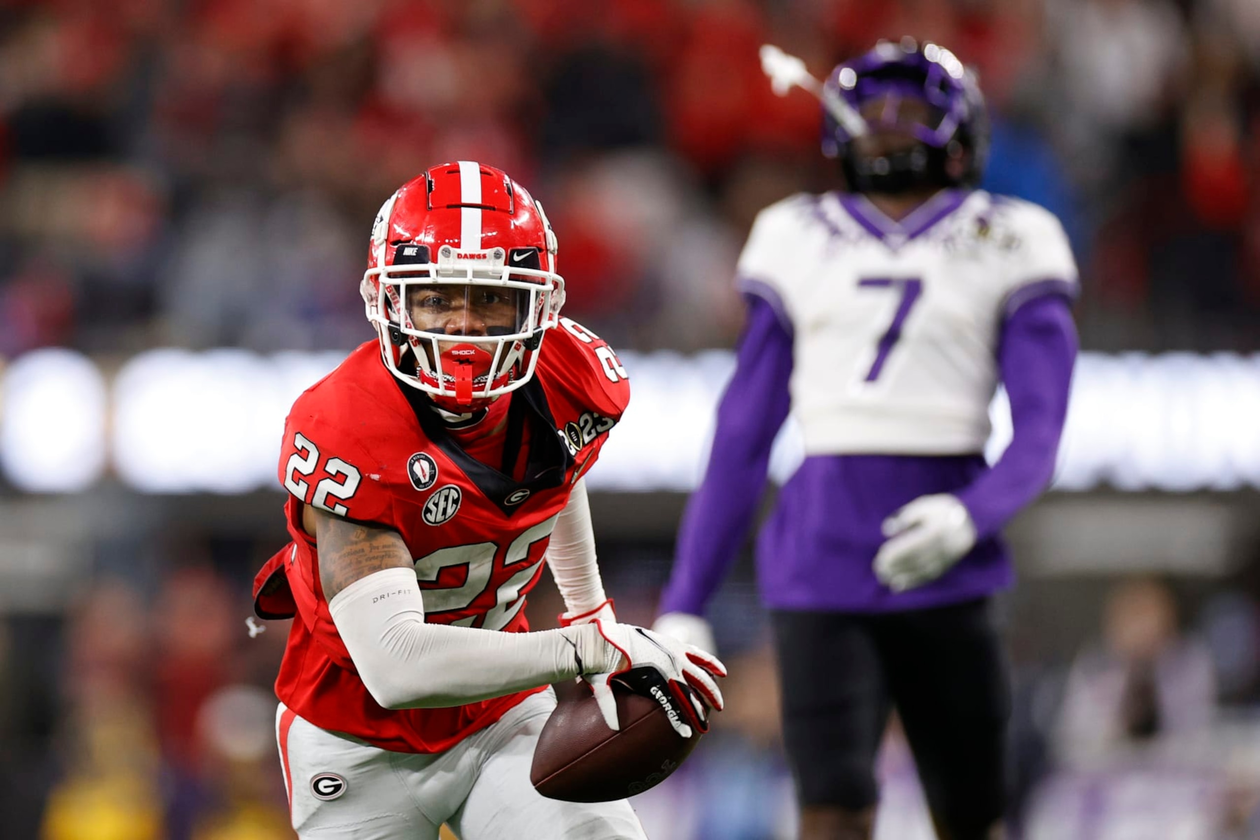 INGLEWOOD, CALIFORNIA - JANUARY 09: Javon Bullard #22 of the Georgia Bulldogs intercepts a pass late in the second quarter against the TCU Horned Frogs in the College Football Playoff National Championship game at SoFi Stadium on January 09, 2023 in Inglewood, California. (Photo by Steph Chambers/Getty Images)