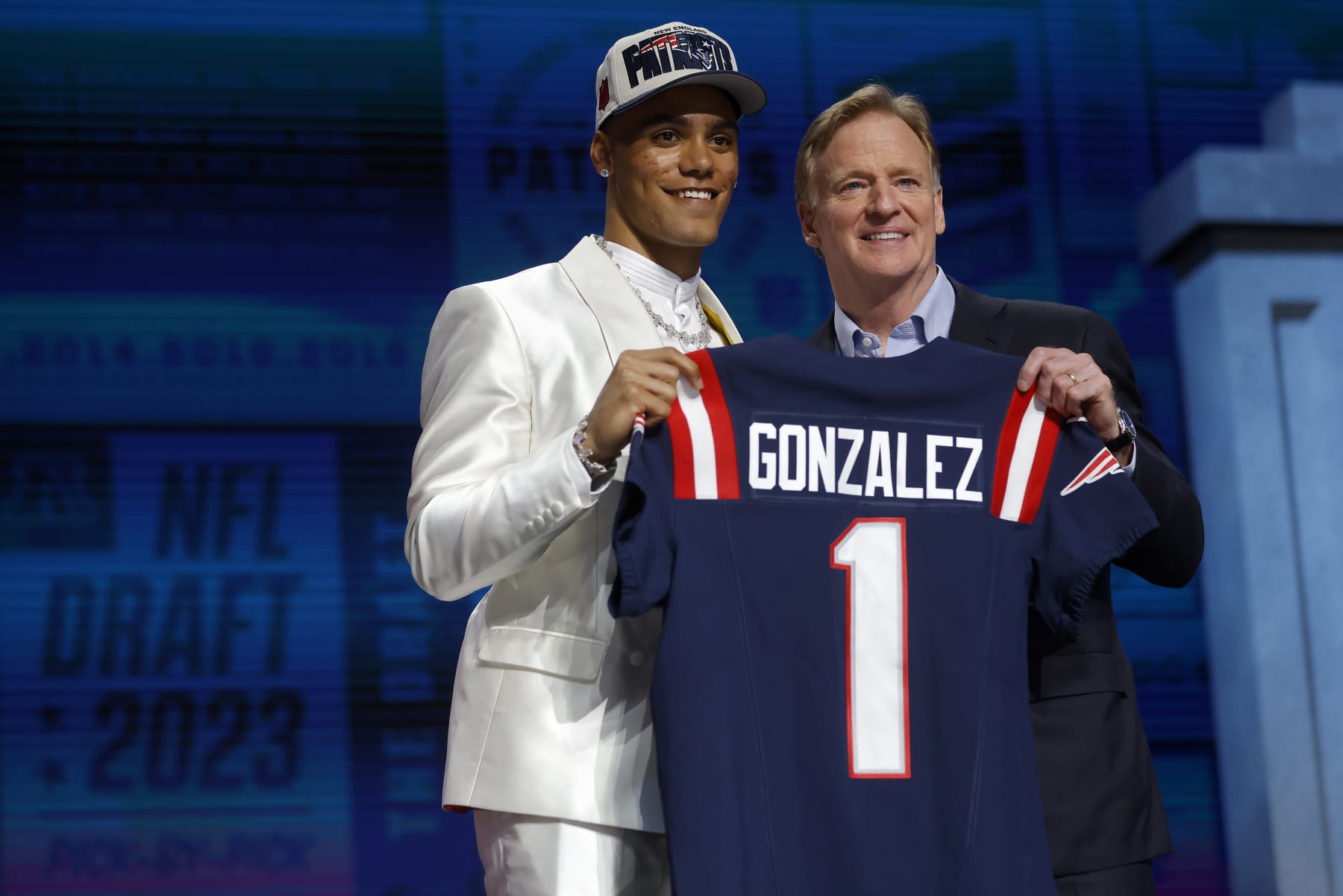 KANSAS CITY, MISSOURI - APRIL 27: (L-R) Christian Gonzalez poses with NFL Commissioner Roger Goodell after being selected 17th overall by the New England Patriots during the first round of the 2023 NFL Draft at Union Station on April 27, 2023 in Kansas City, Missouri. (Photo by David Eulitt/Getty Images)