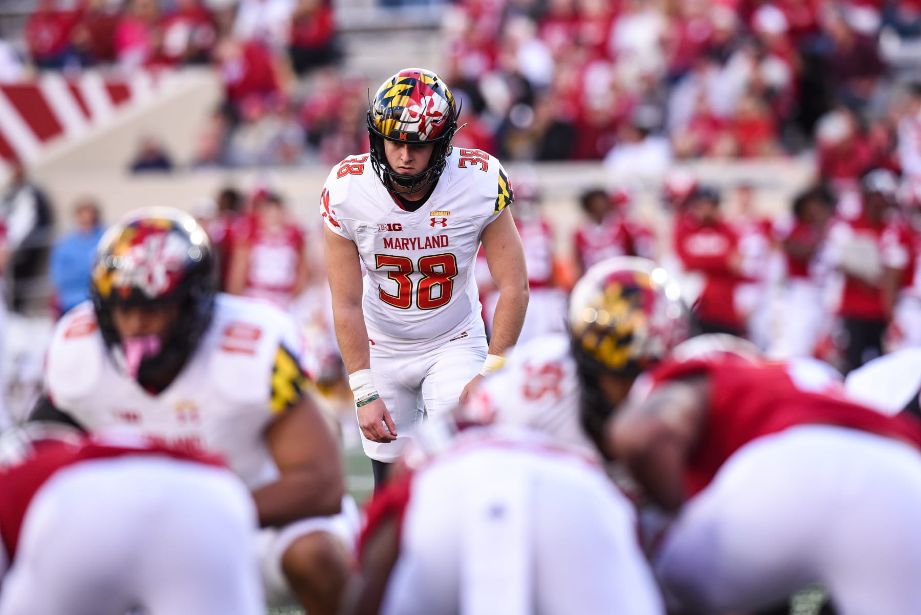 BLOOMINGTON, IN - OCTOBER 15: Maryland K Chad Ryland (38) prepares to kick during a college football game between the Maryland Terrapins and Indiana Hoosiers on October 15, 2022 at Memorial Stadium in Bloomington, Indiana. (Photo by James Black/Icon Sportswire via Getty Images)