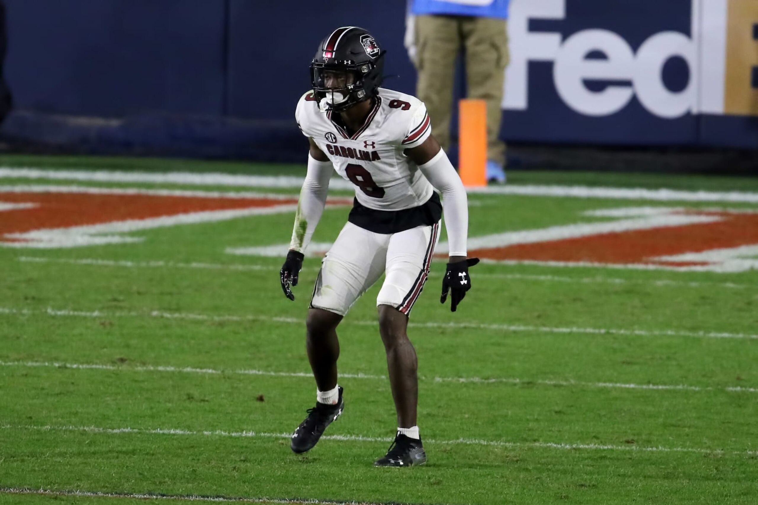 OXFORD, MS - NOVEMBER 14:  South Carolina Gamecocks defensive back Cam Smith (9) during the game between the Ole Miss Rebels and the South Carolina Gamecocks on November 14, 2020, at Vaught-Hemingway Stadium in Oxford, MS.  (Photo by Michael Wade/Icon Sportswire via Getty Images)